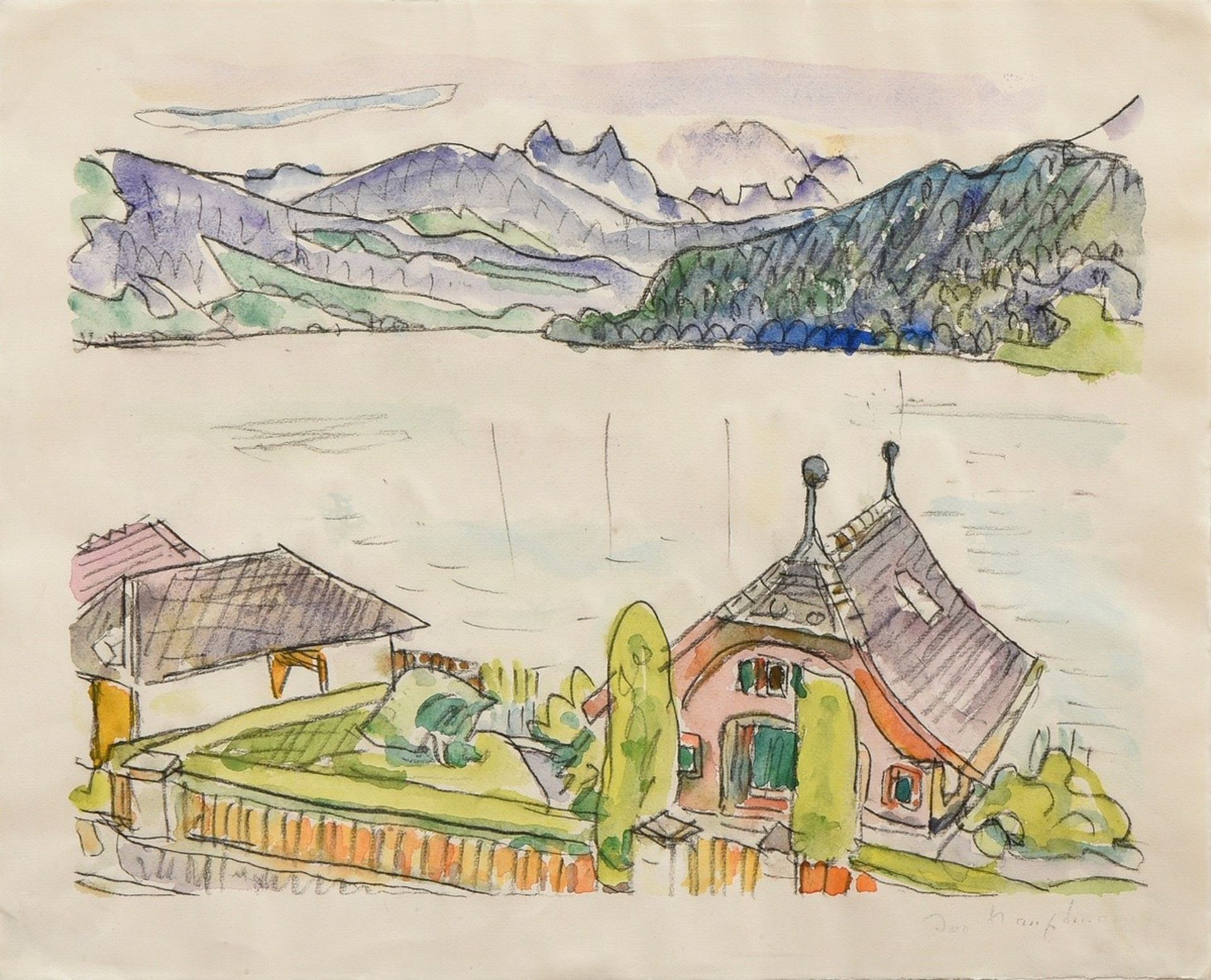 Hauptmann, Ivo (1886-1973) "Gardasee"(?), charcoal/watercolour, sign. lower right, SM 38,2x46,4cm (