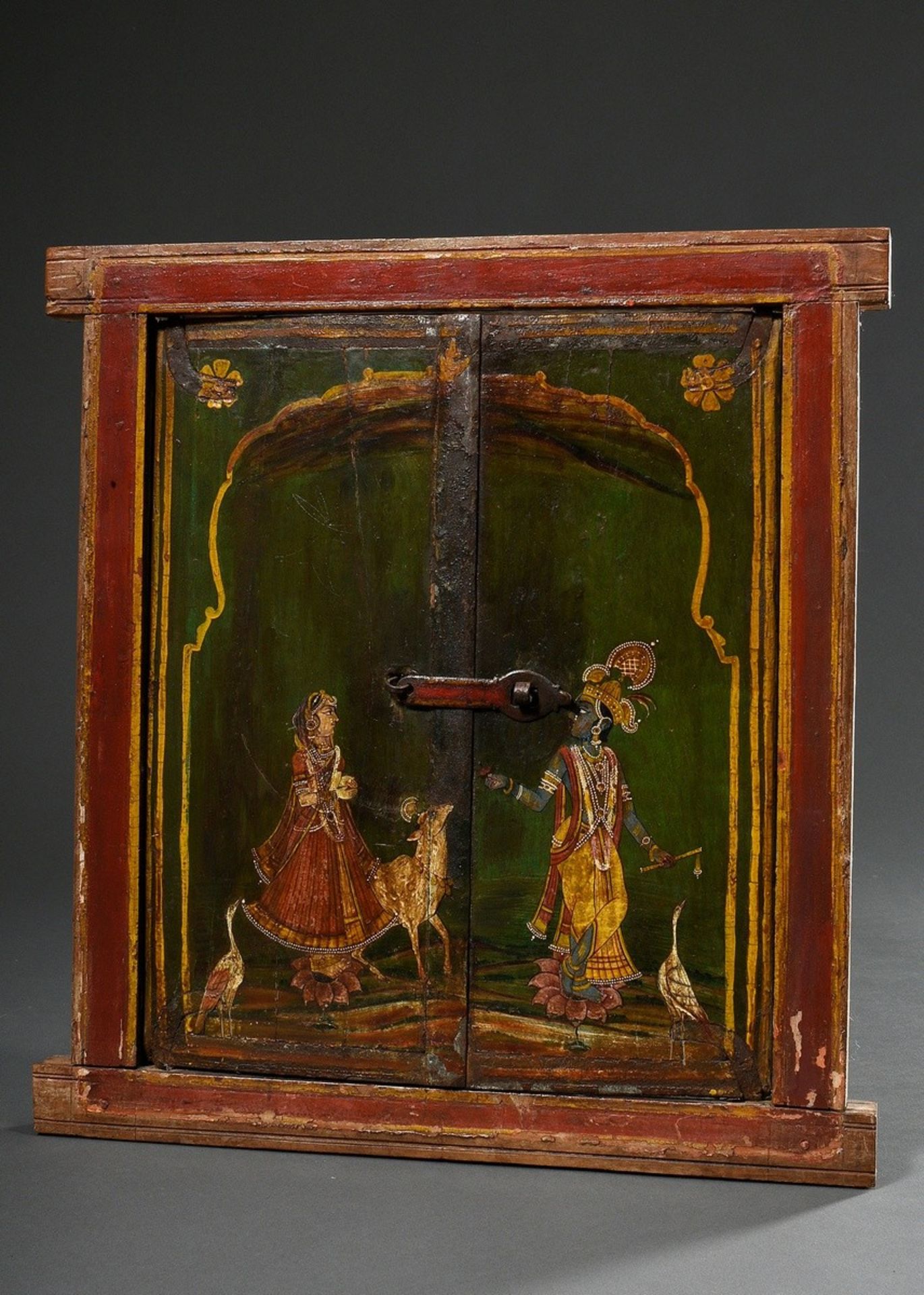 Indian furniture door with polychrome painting "Krishna and Parvati", around 1890/1900, 52,5x49,5cm