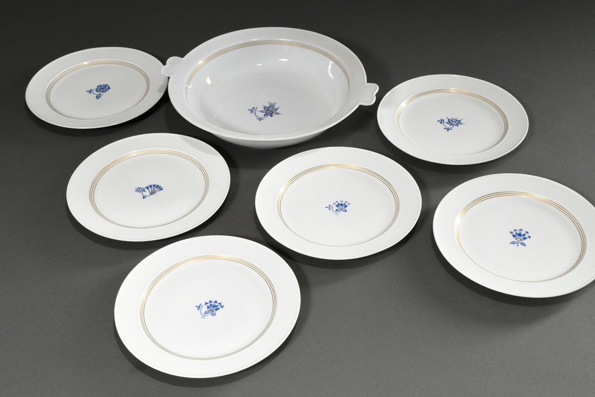 7 Teile seltenes Meissen Art Deco Service mit stark stilisiertem Floraldekor in Blau und Gold in dr - Bild 2 aus 4