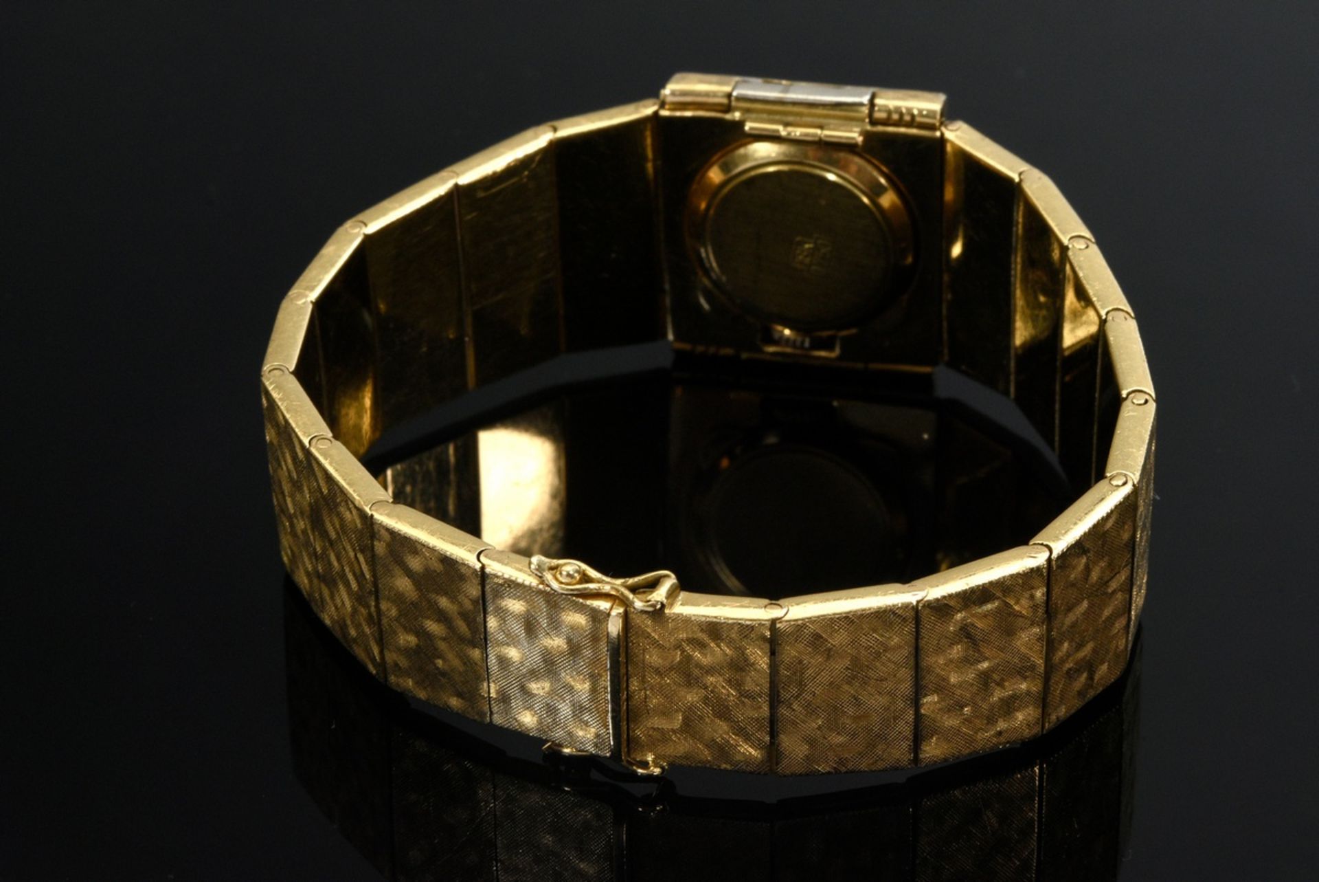 Omega Gelbgold 750 Schmuck-Damenarmbanduhr mit Handaufzug, gebürstete Abdeckung mit Brillant (ca. - Bild 3 aus 5