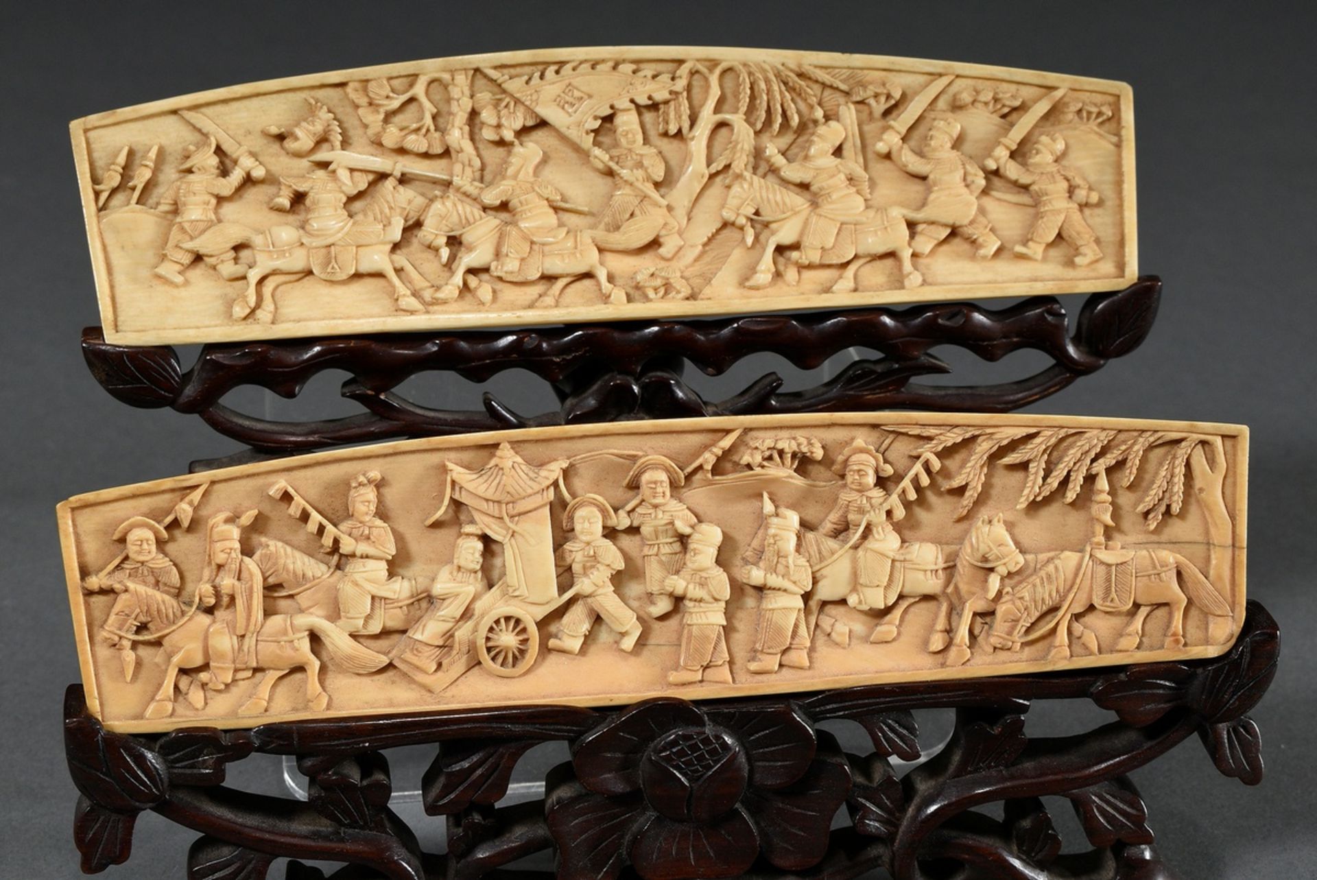 2 Various ivory relief carvings "Battle scene and "Prince's procession in Ming style", carved bases - Image 3 of 13