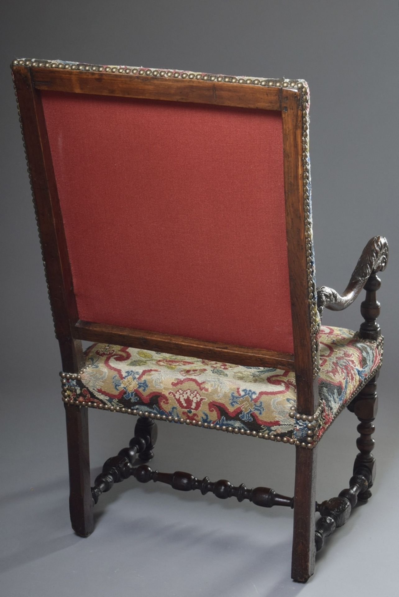 Baroque armchair with floral carved and turned frame, straight backrest and fine embroidered uphols - Image 2 of 4