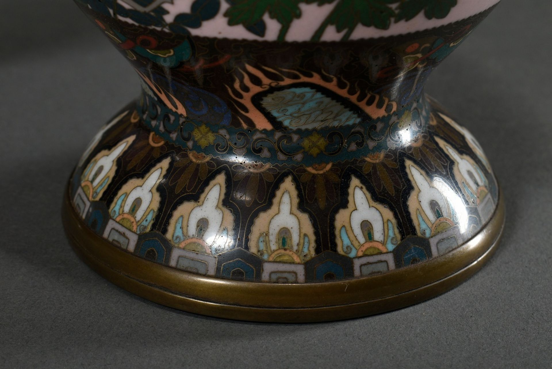 Pair of large cloisonné baluster vases of finest workmanship, projecting neck depicting "Two dragon - Image 7 of 10