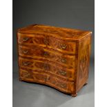 Baroque chest of drawers with double front on small ball feet, walnut veneered on softwood, 4 drawe