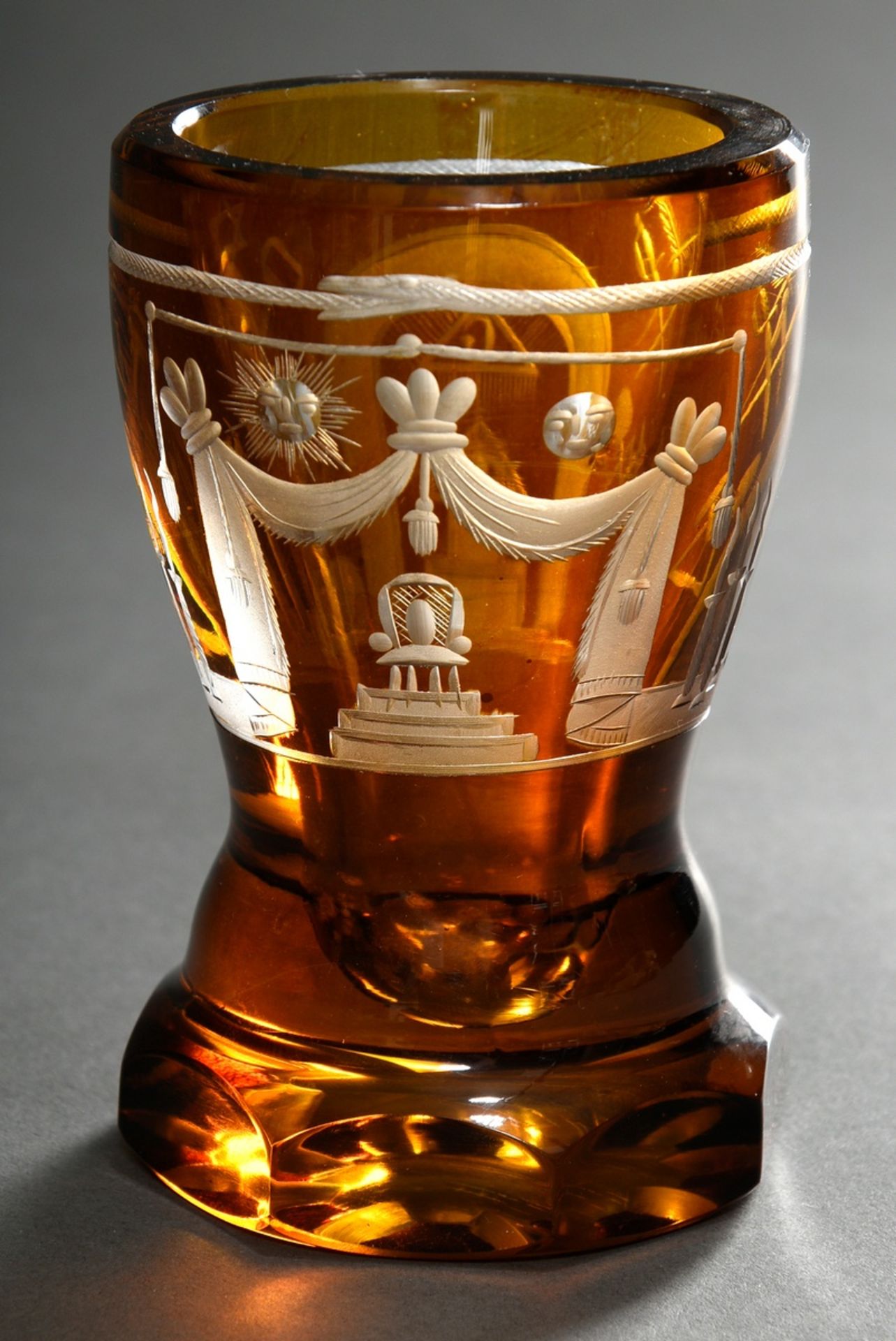 Thick-walled conical Masonic pedestal pot with deeply cut symbolism and sloping lip rim, yellow-bro