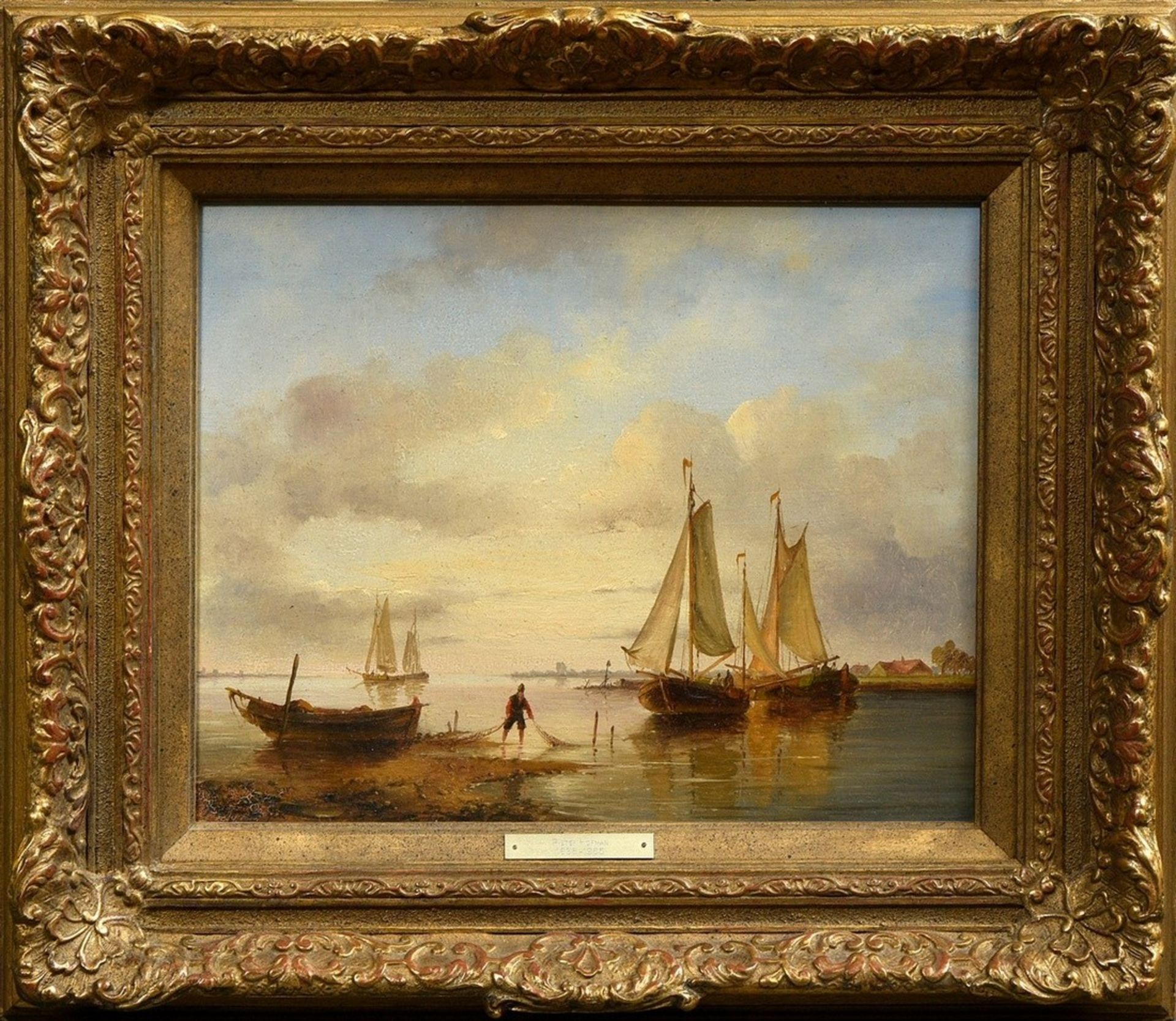 Hofman, Pieter (1755-1837) "River mouth with fishermen and sailors", oil/wood, 24x30cm (w.f. 38x44c - Image 2 of 5