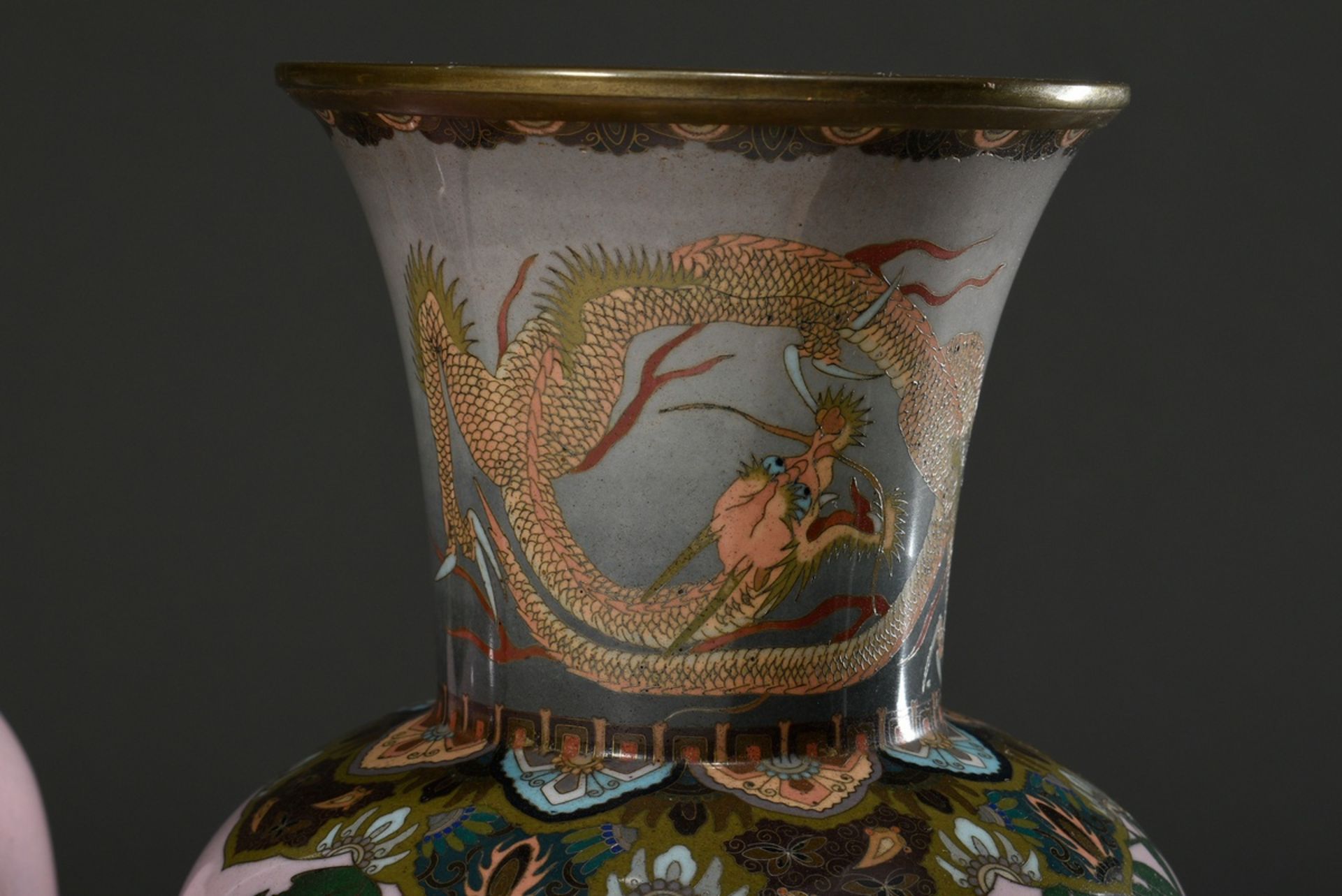 Pair of large cloisonné baluster vases of finest workmanship, projecting neck depicting "Two dragon - Image 8 of 10