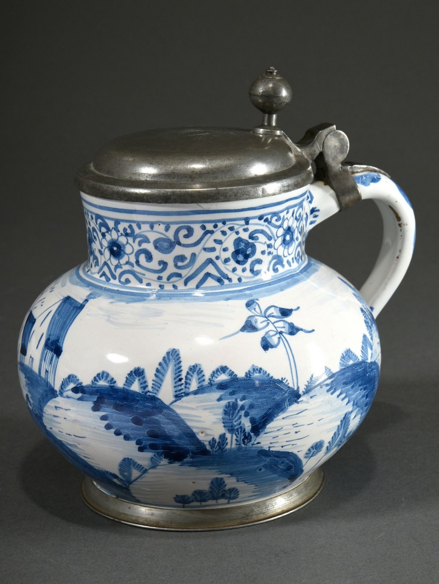 Frankfurt Fayence baluster jar, white glazed with Scharffeuerfarben blue painting "Architecture in 