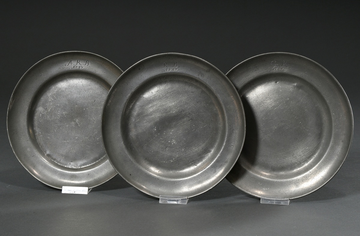 3 Various small pewter plates with engraved date "1747" and different monograms "C.F.R"/"A.R.B" and - Image 2 of 11