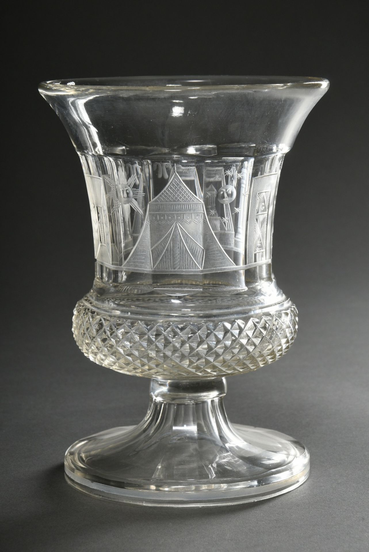 Large Masonic goblet with projecting dome and rich symbolism in matt and blank cut, lower part of d - Image 3 of 6