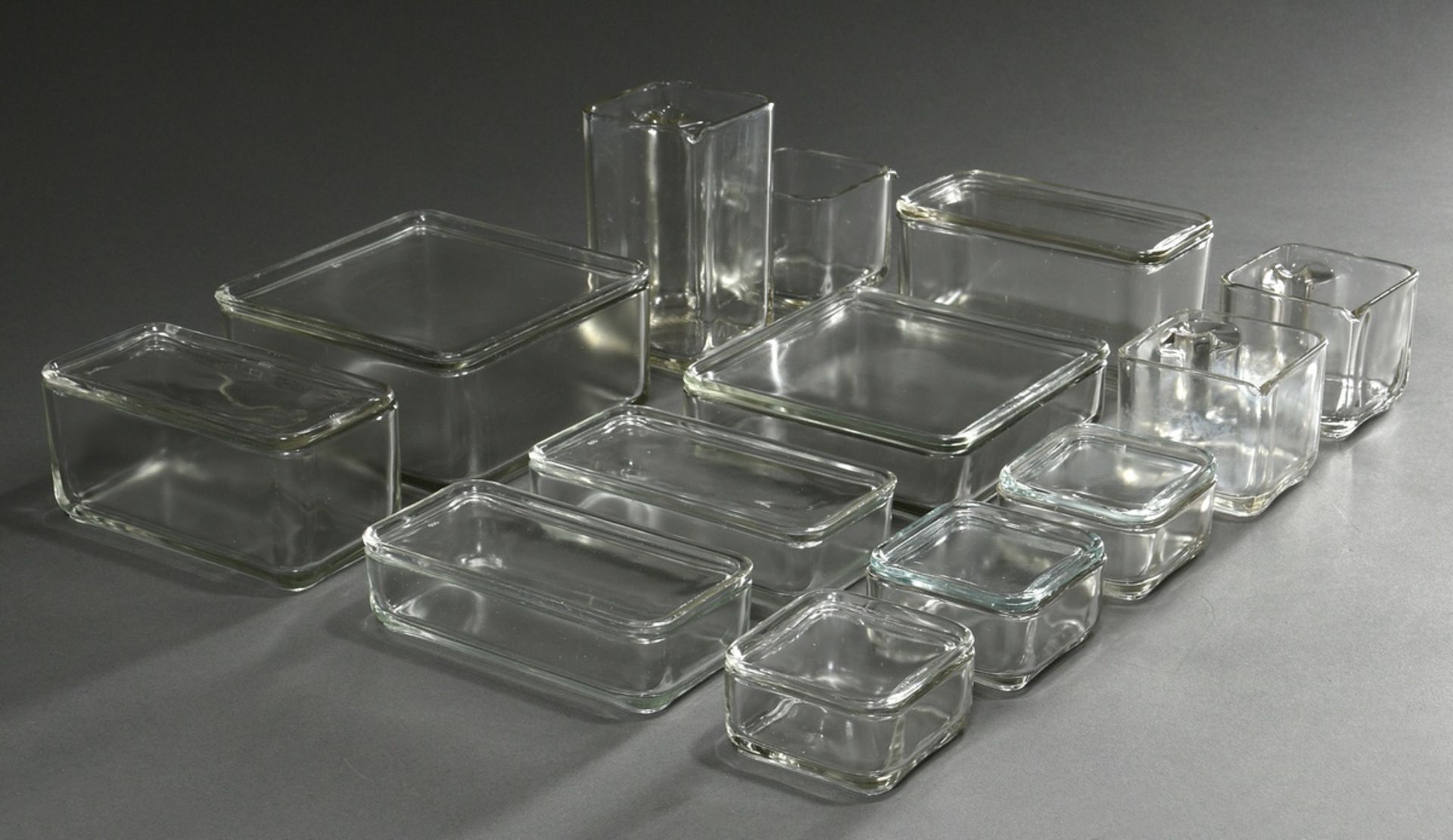 13 Stackable storage jars from the "Kubus-Geschirr", 7 with lids, colourless pressed glass, designe - Image 2 of 6