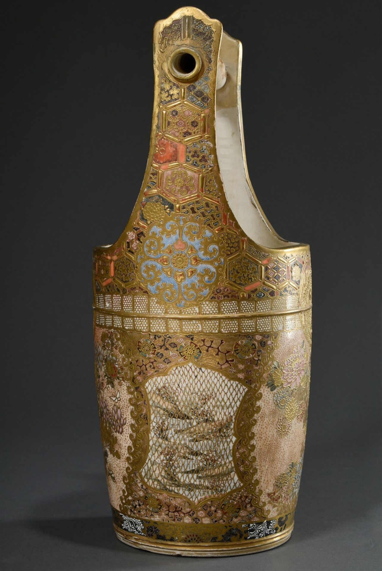 Large Satsuma vase in the shape of a water bucket with polychrome painting "Flowers and Landscapes  - Image 4 of 10