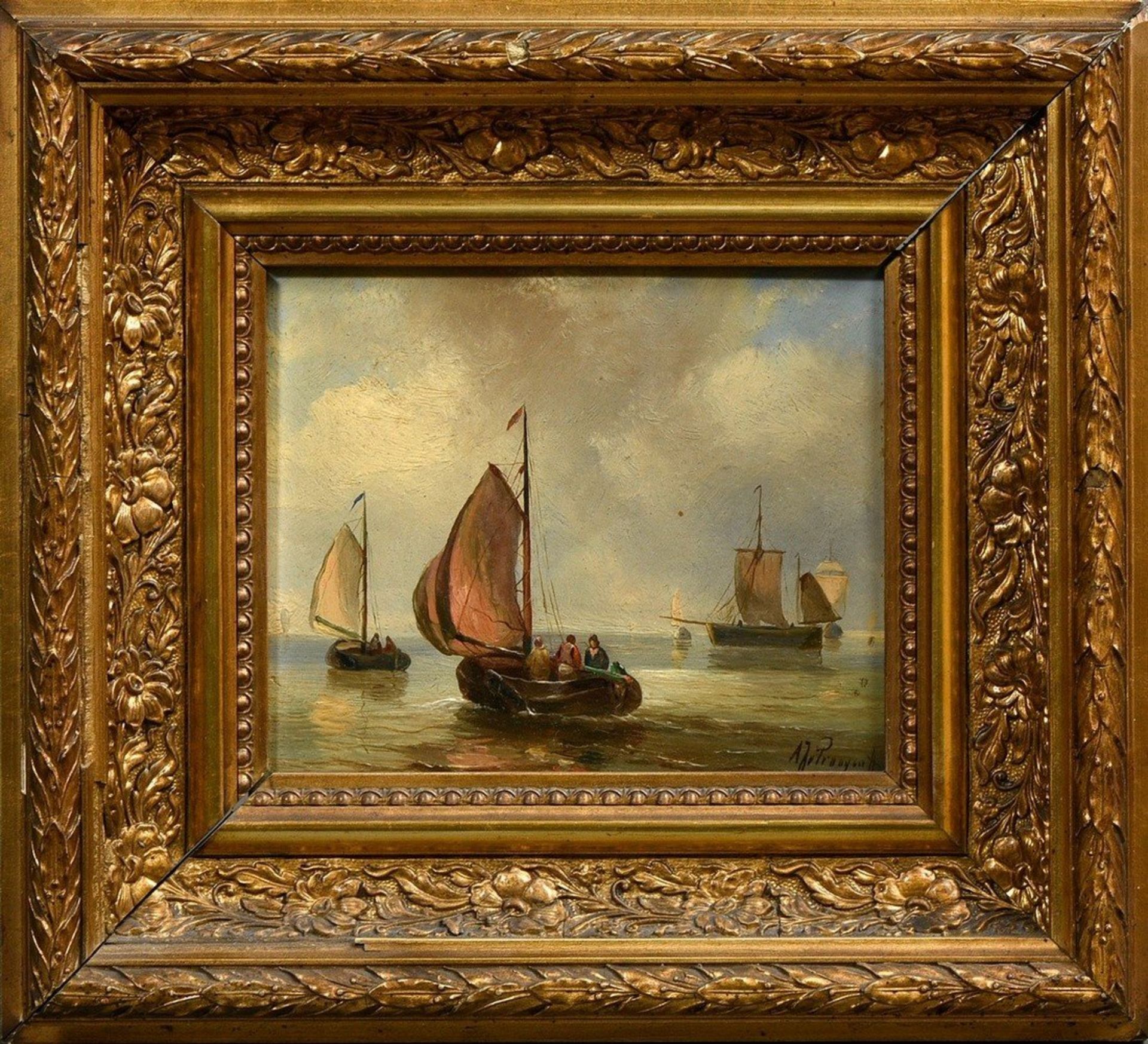 Pair of marine paintings "Dutch fishermen", oil/wood, 19th c., illegibly sign. on lower right, each - Image 9 of 9