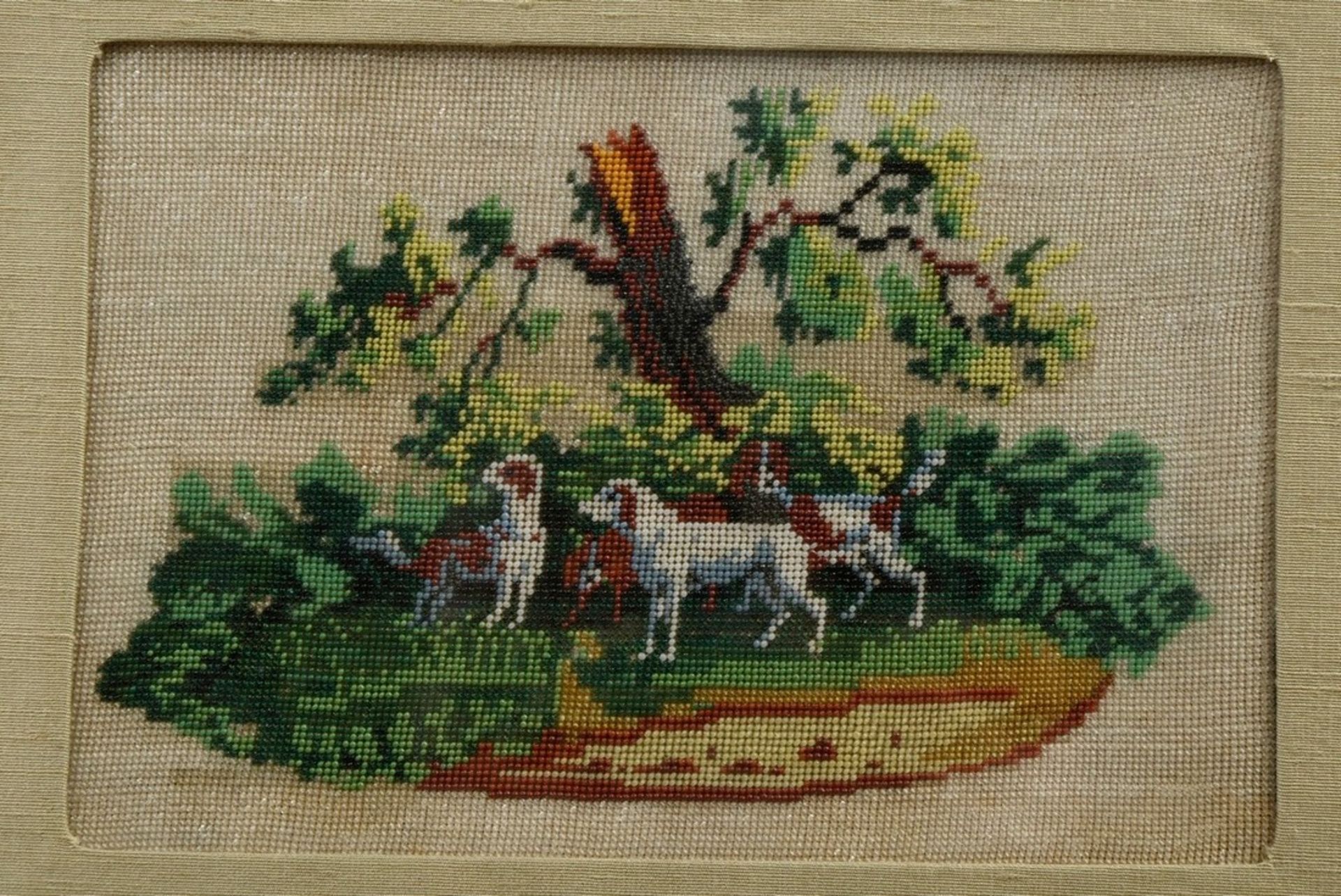 2 Fine pearl embroidery pictures "Hunting dog pack under tree" and "Seascape with buildings", proba - Image 5 of 5