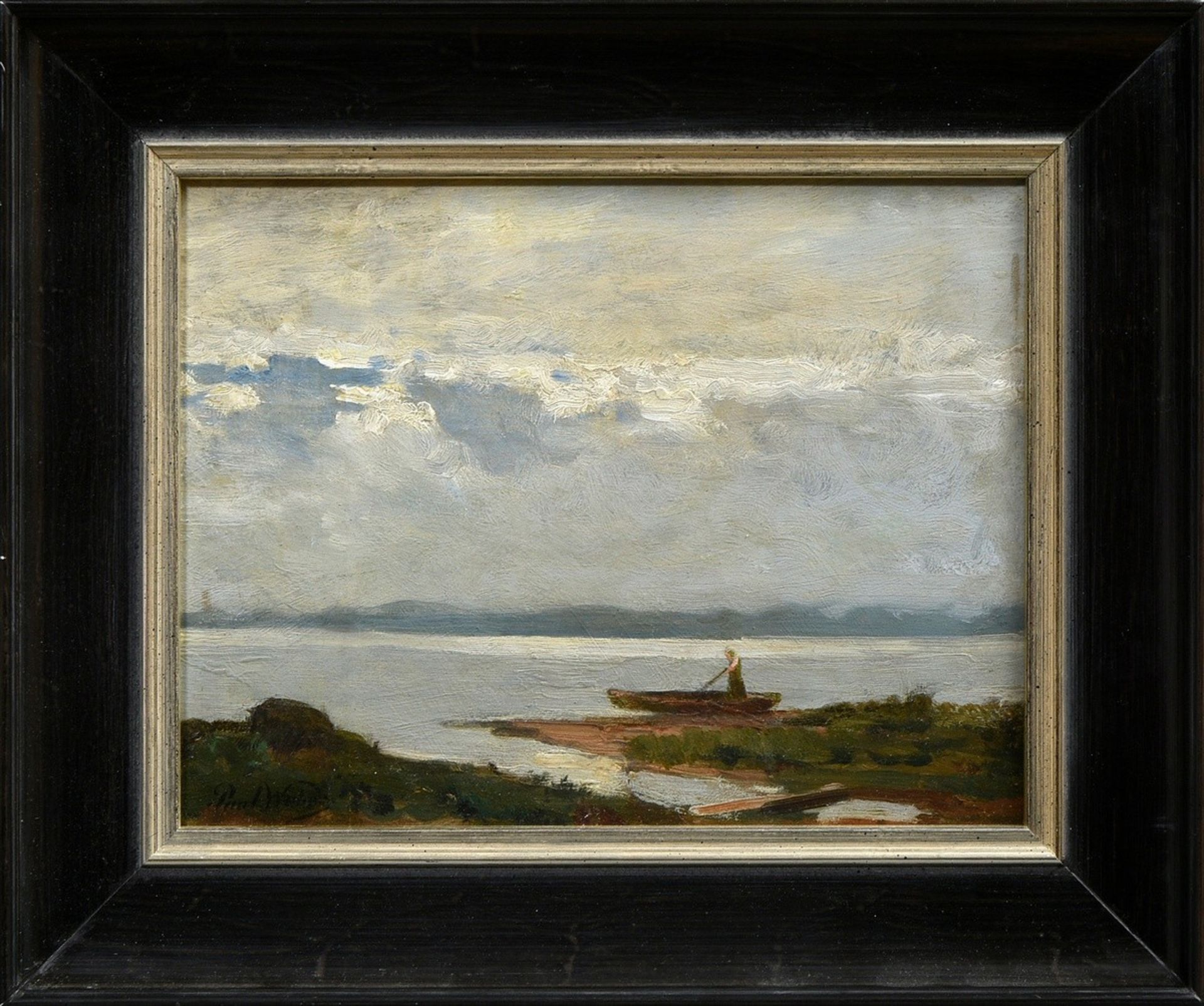 Weber, Paul (1823-1916) "Bavarian Lake with Boat and Fisherman", oil/wood, sign. on the lower left, - Image 2 of 5
