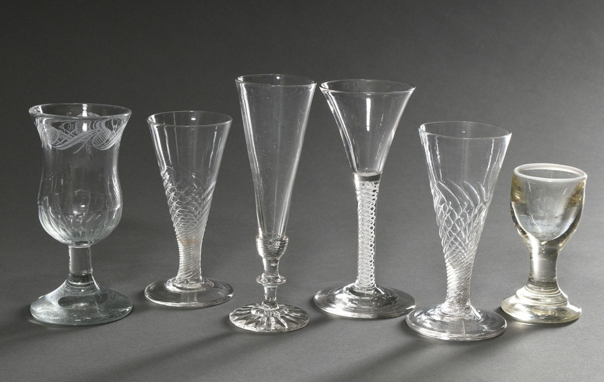 6 Various antique glasses with fused white spiral thread or rim, break under the foot partly cut ou