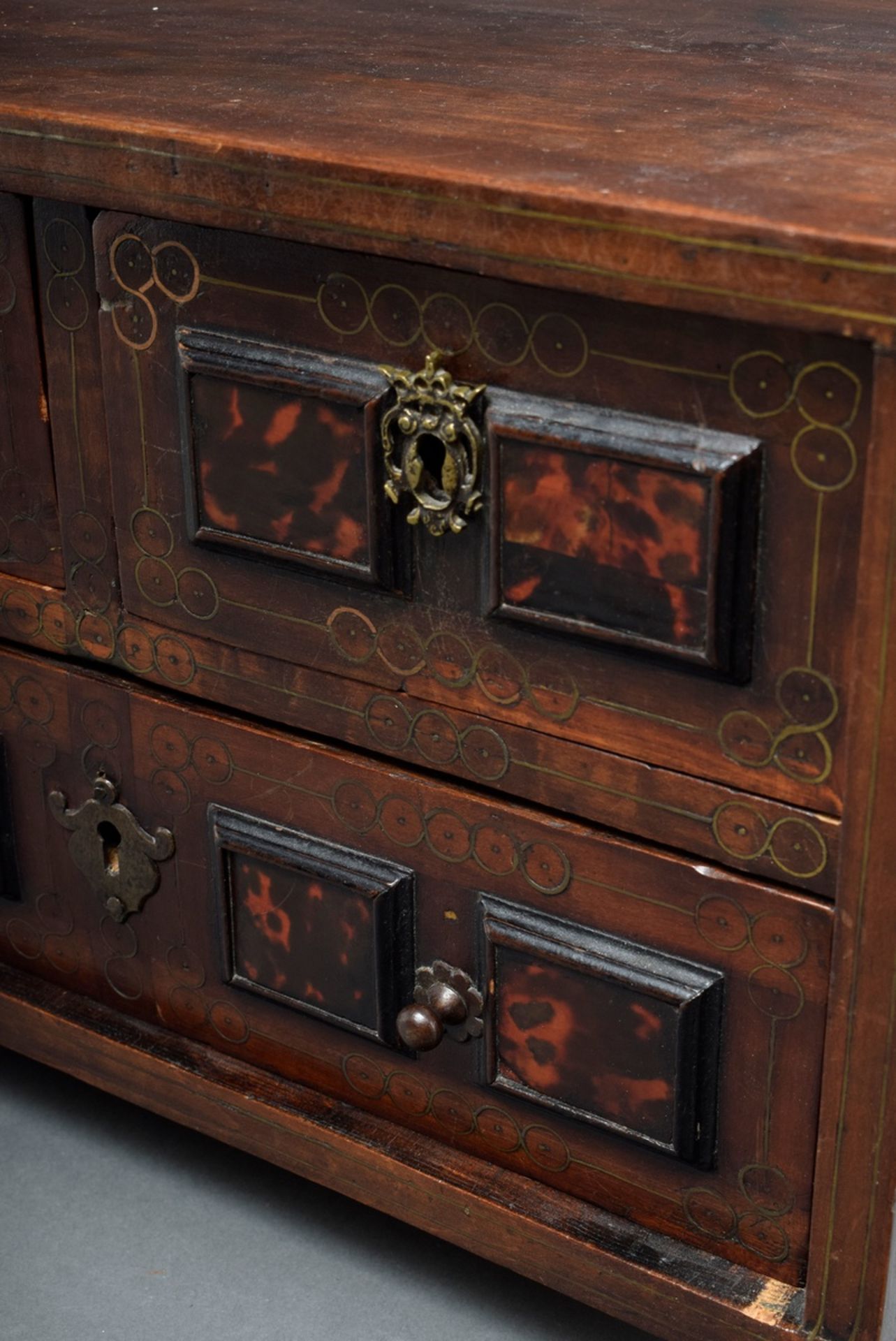 Spanish cabinet with tortoiseshell and brass inlays, walnut veneered on oak, on a table frame with  - Image 4 of 11