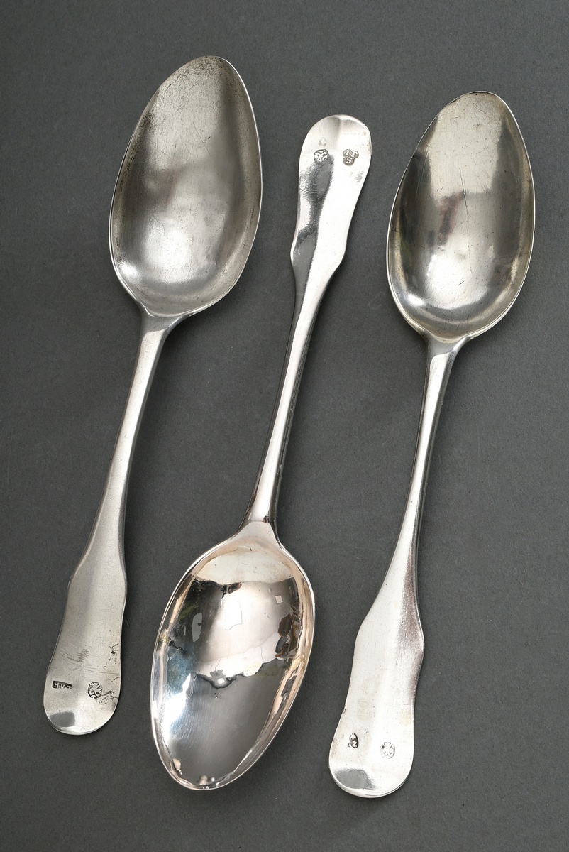 3 Various North German spoons with violin pattern and engraved owner's marks on the back, master ma