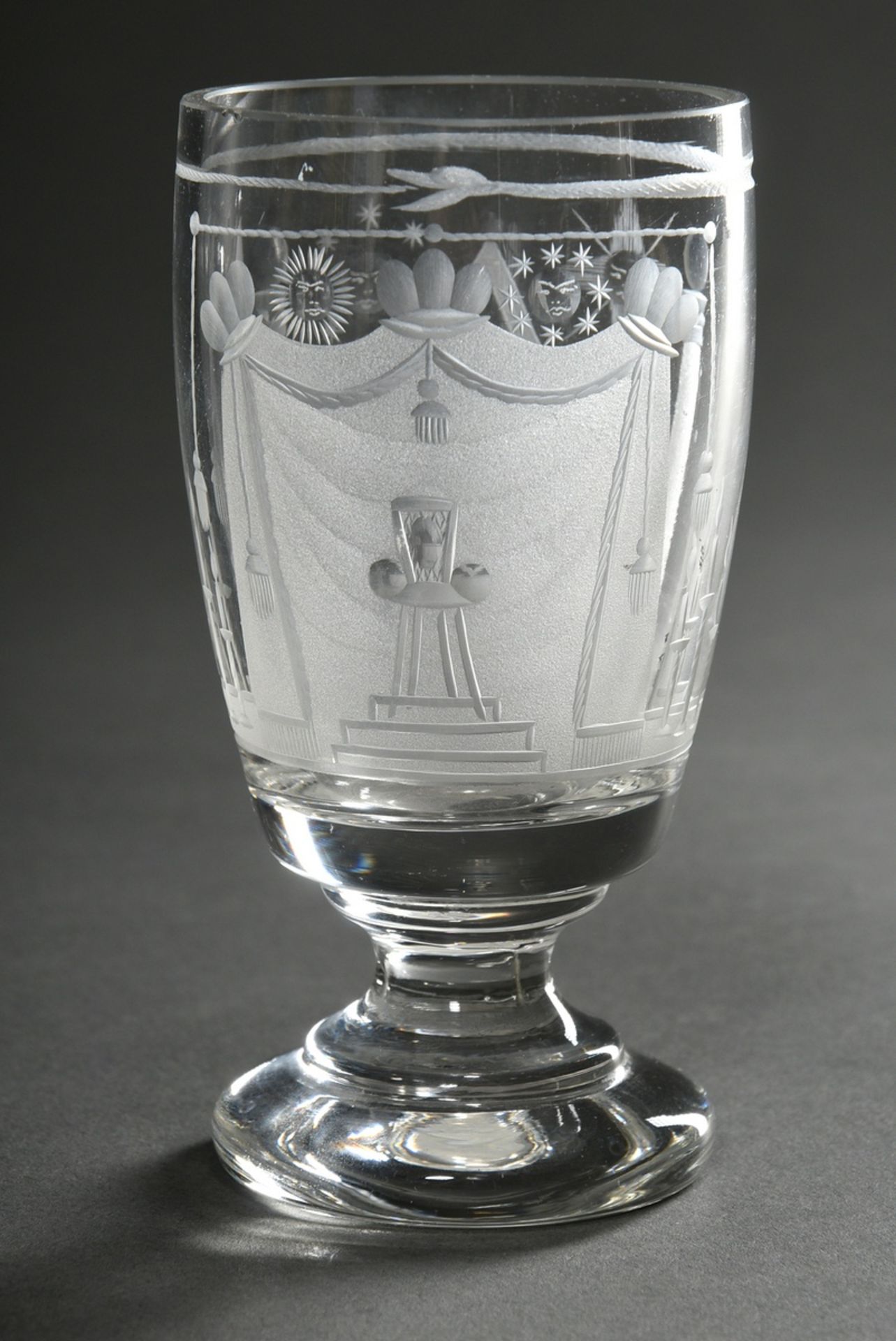 Masonic cup with deeply matted and brightly cut symbolism on a bulbous cupola over a stepped foot, 