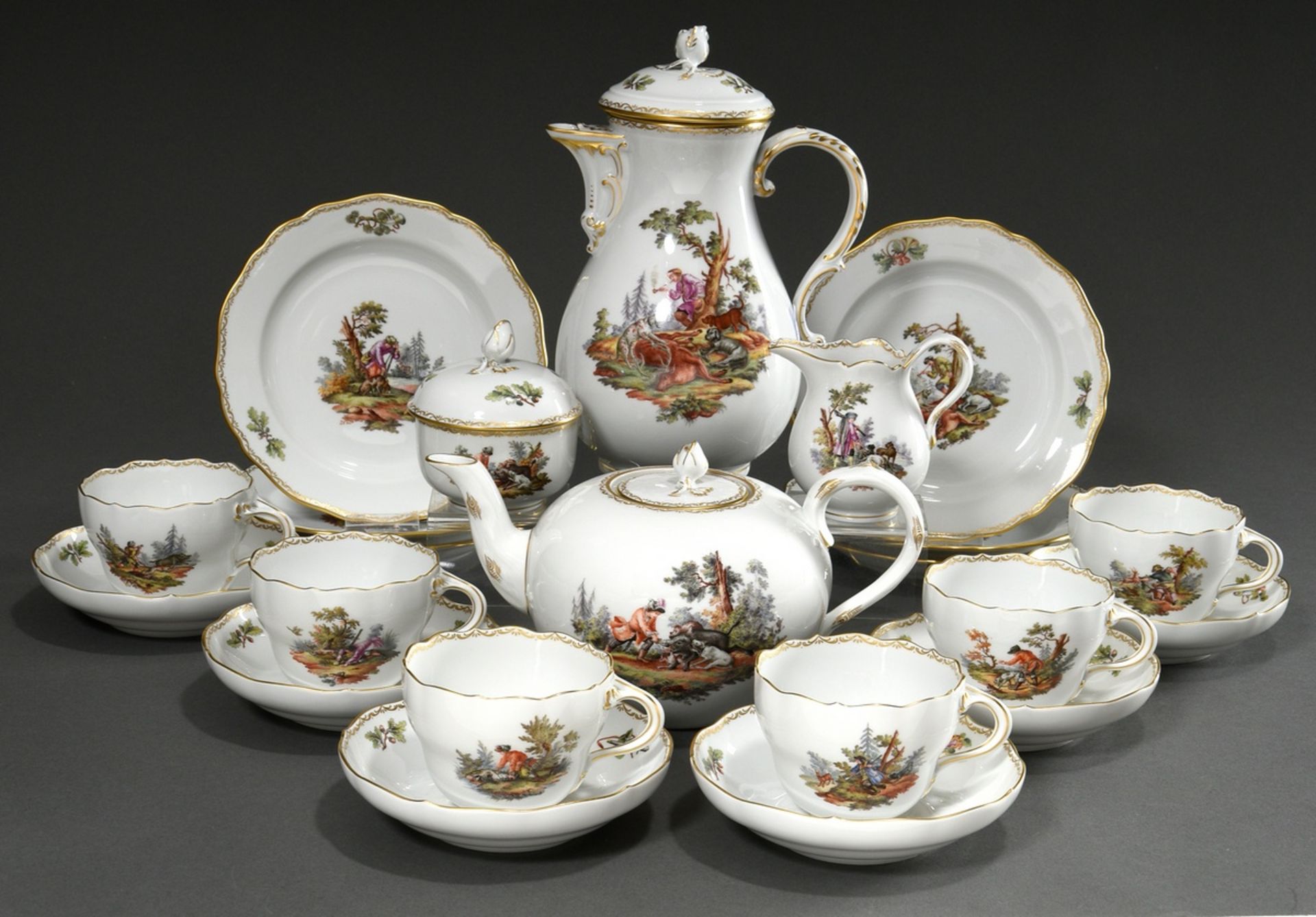 15 Teile Meissen Kaffeeservice mit polychromer lupenfeiner Malerei "Jagdszenen nach Ridinger" und " - Bild 2 aus 7