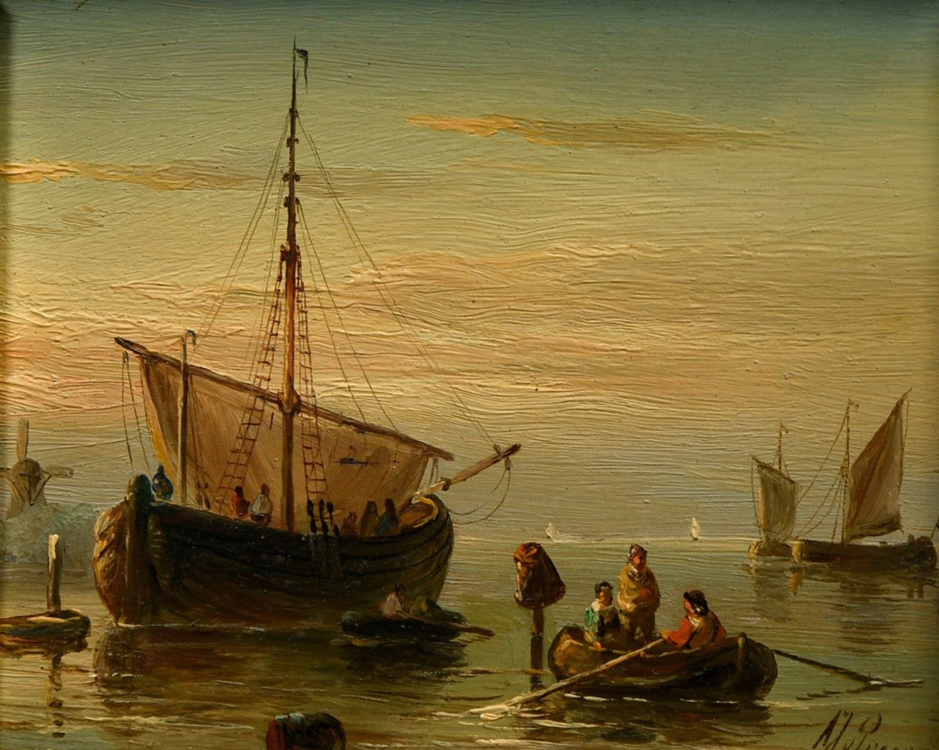 Pair of marine paintings "Dutch fishermen", oil/wood, 19th c., illegibly sign. on lower right, each - Image 2 of 9