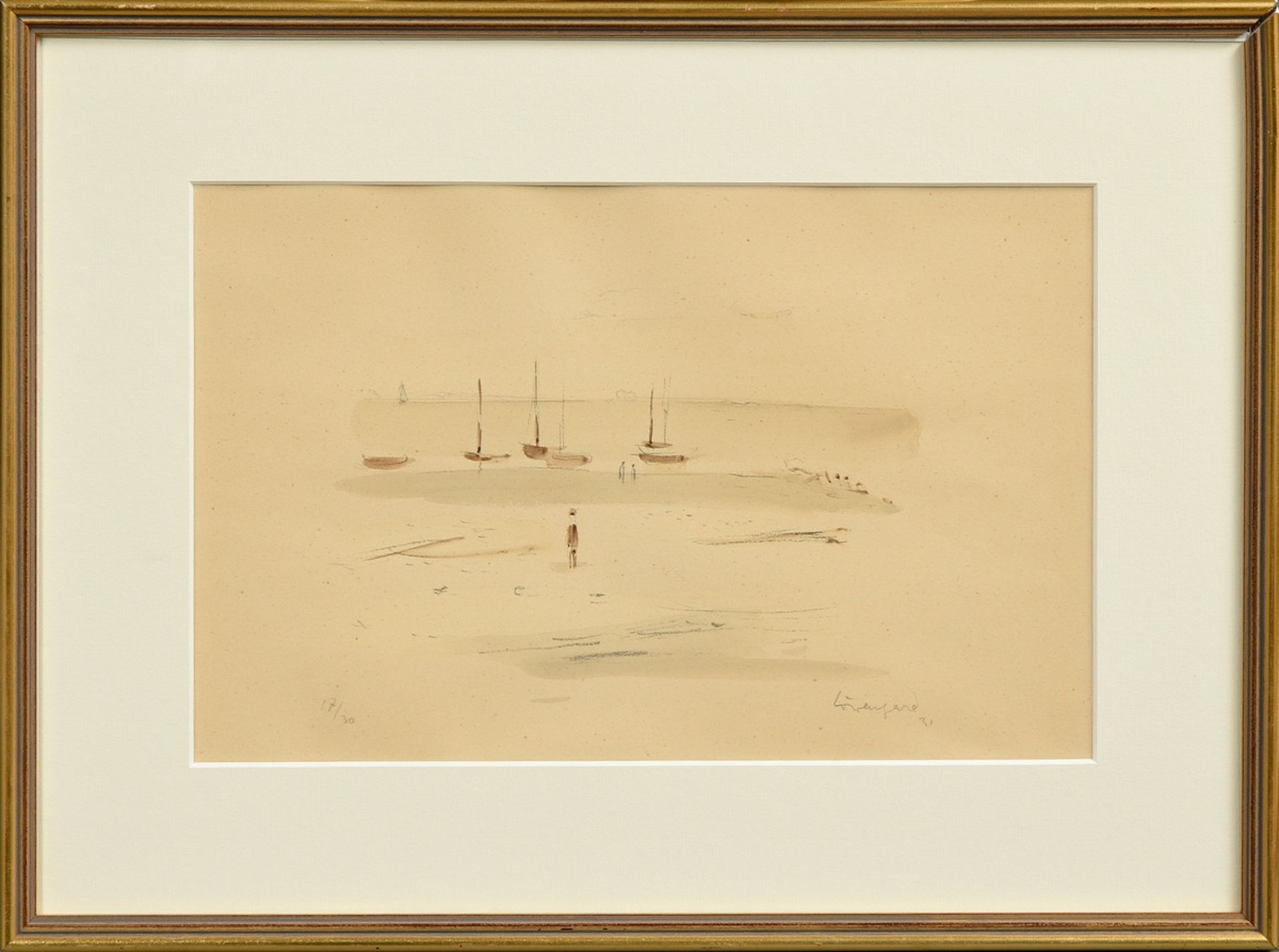 Löwengard, Kurt (1895-1940) "Boats on the Elbe" 1931, watercoloured lithograph, 17/30, b. sign./dat - Image 2 of 3