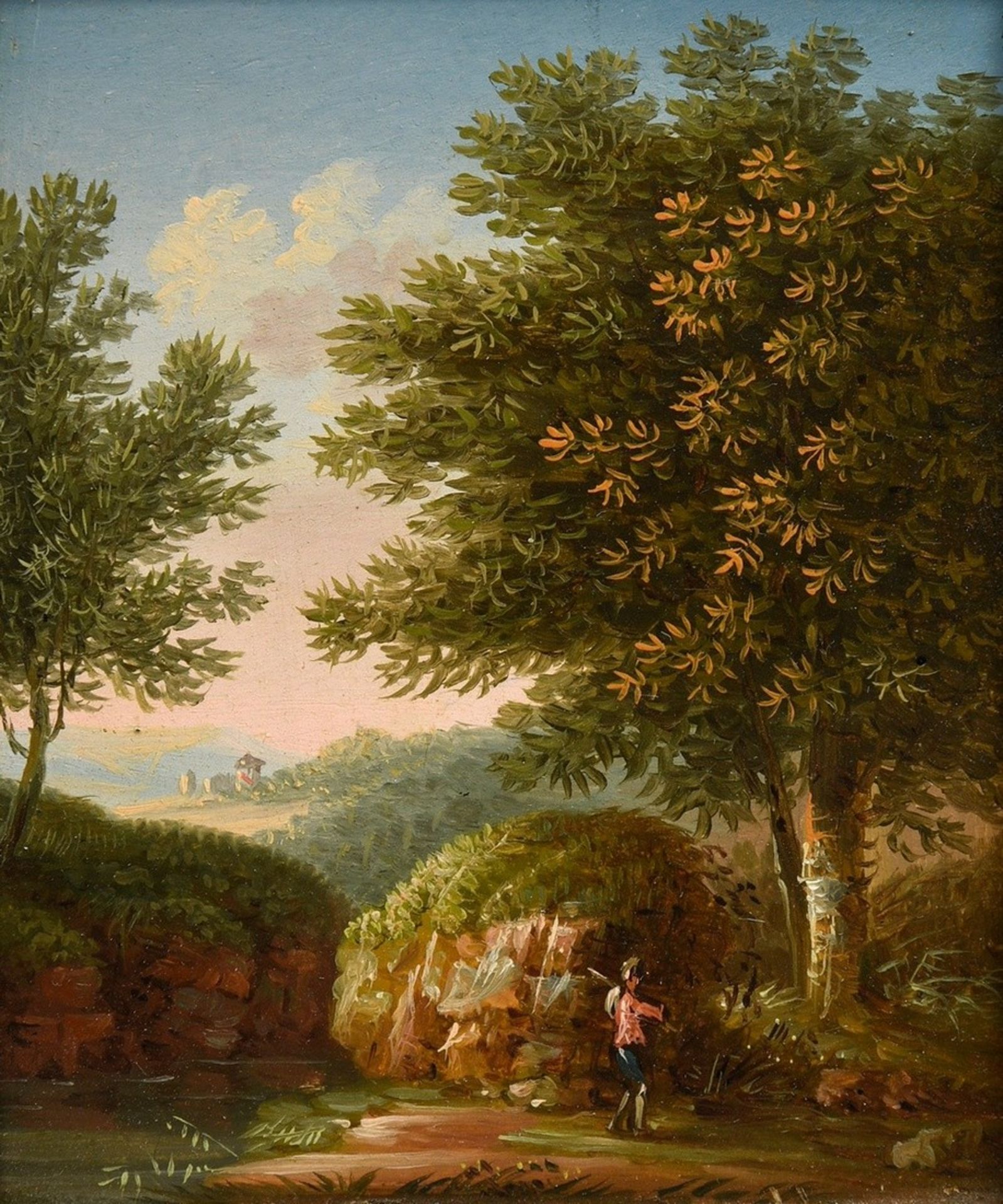 Unbekannter Künstler des 19.Jh. „Sommerliche Landschaft mit Personenstaffage“, Öl/Holz, in zeitgenö