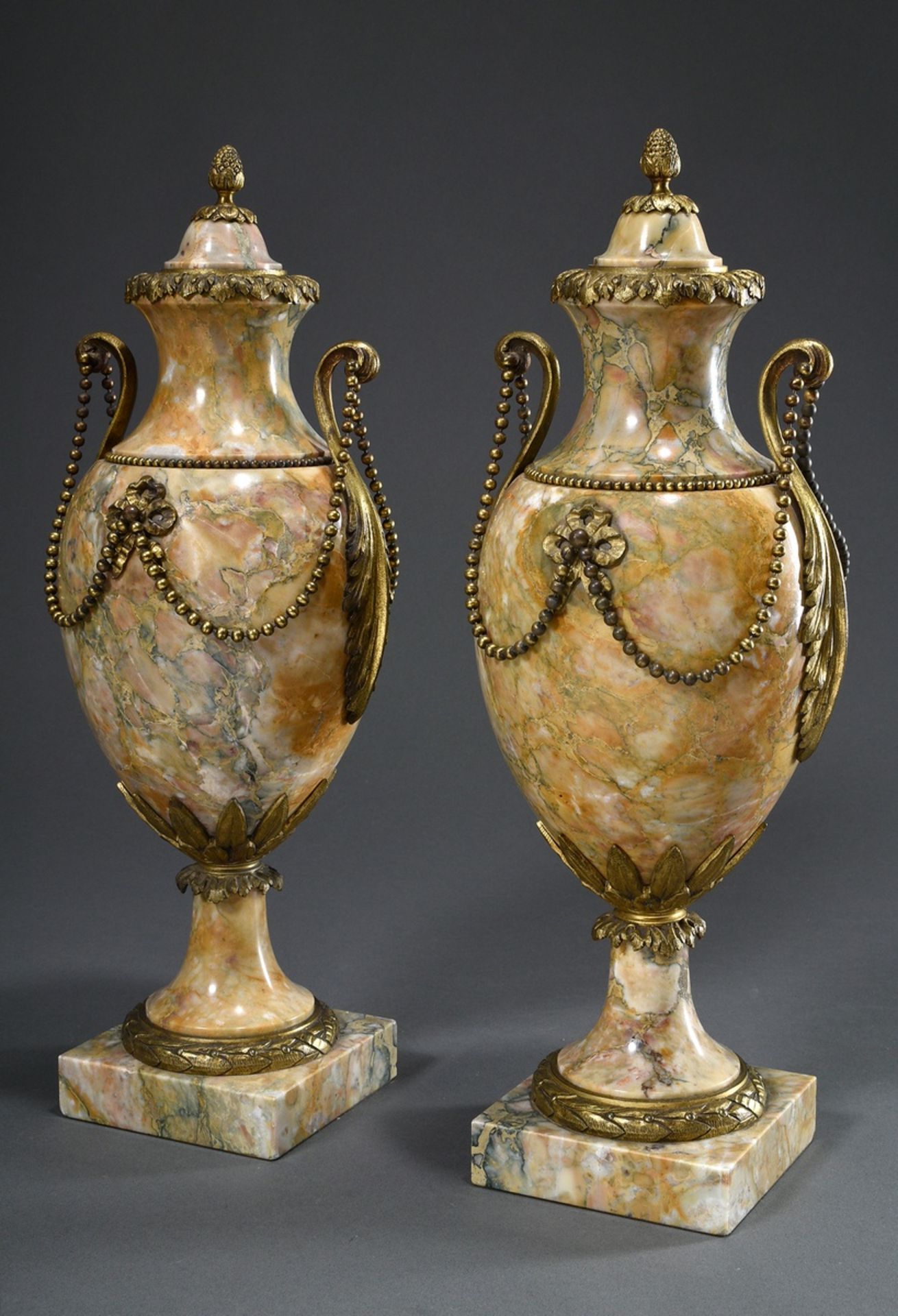 Pair of Louis XVI style fireplace vases, Giallo Antico marble with fine fire-gilt bronze mounting a - Image 3 of 9