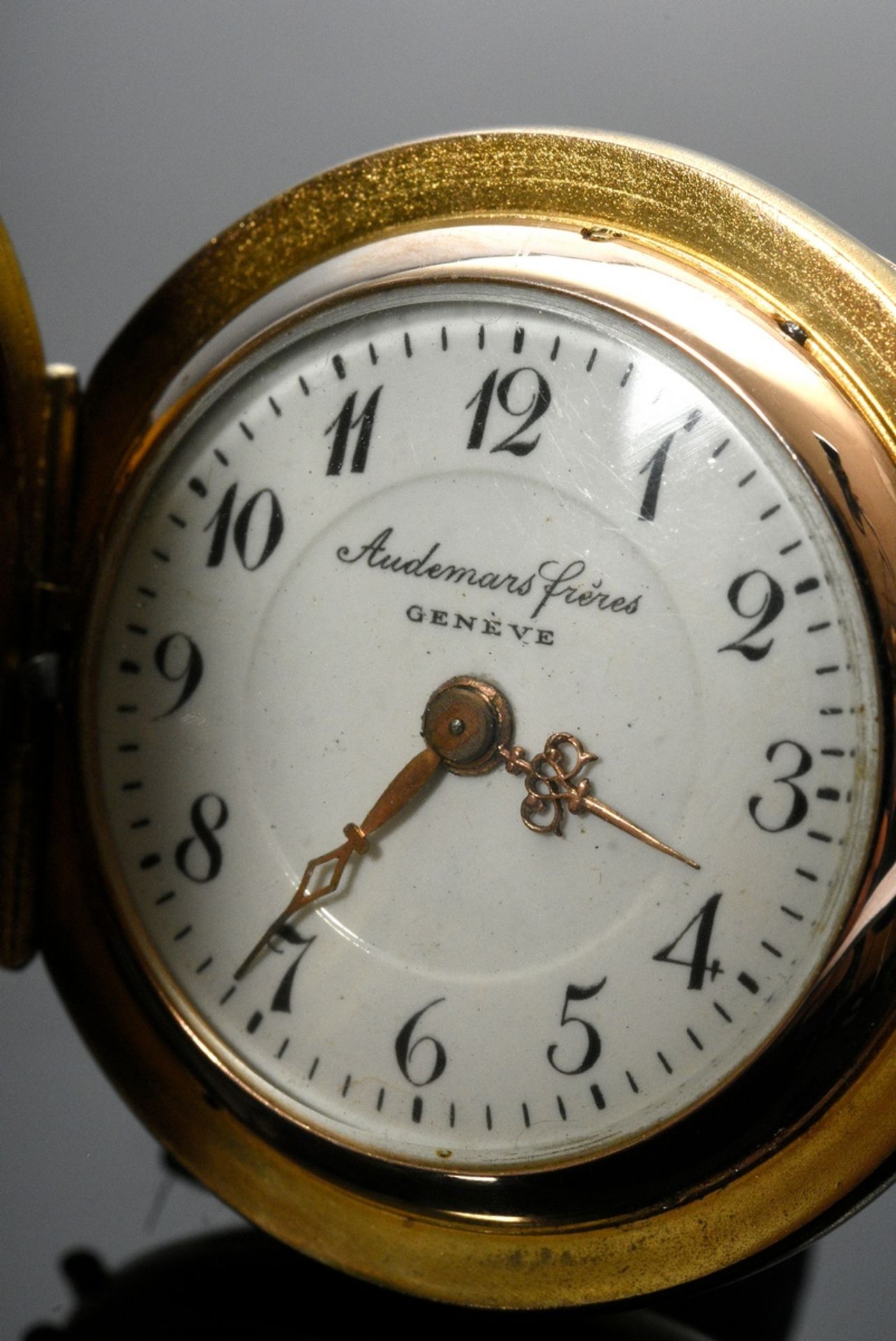 Three-cover yellow gold 585 ladies savonette "Audemars Freres", white enamel dial with minute dot i - Image 4 of 9