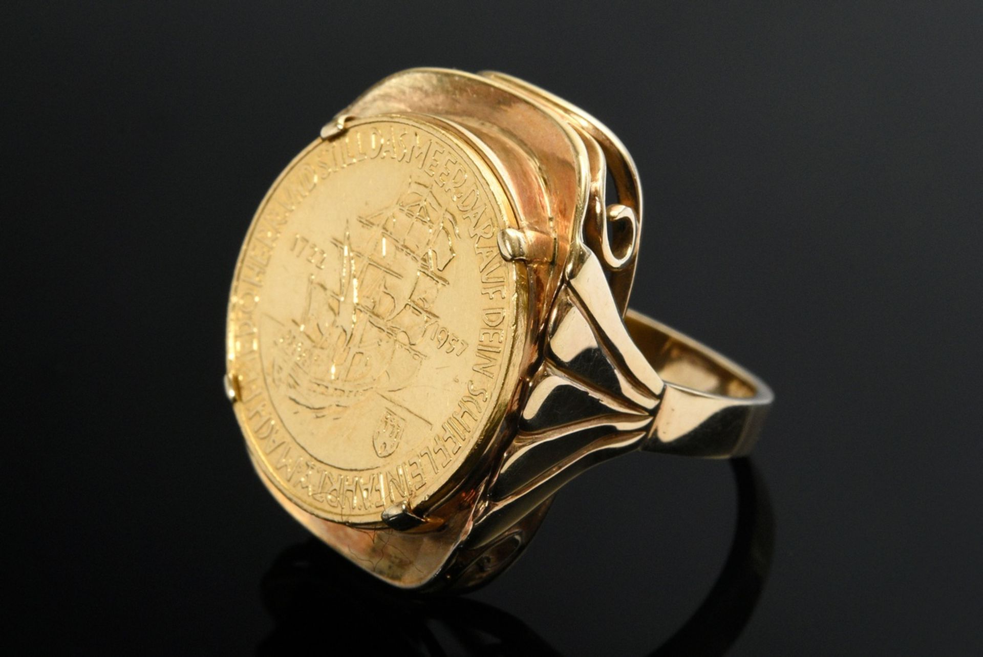 Großer Gelbgold 585 Ring mit Gelbgold 986 Spendenmedaille "Für den Wiederaufbau der Kirchtürme St.