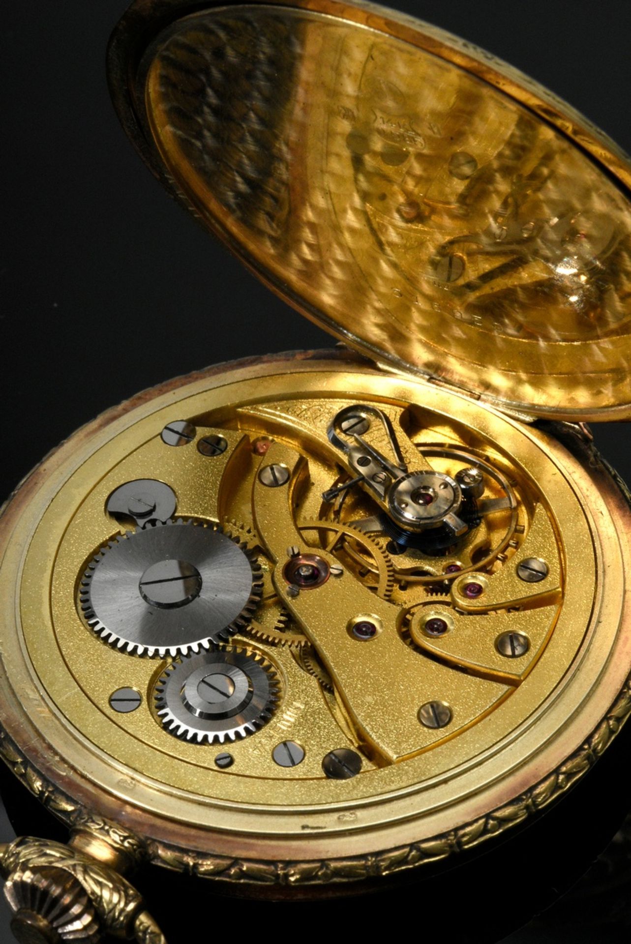 Drei-Deckel Gelbgold 585 Minerva Taschenuhr, Ankerwerk, vergoldetes Zifferblatt, arabische Zahlen, - Bild 8 aus 9