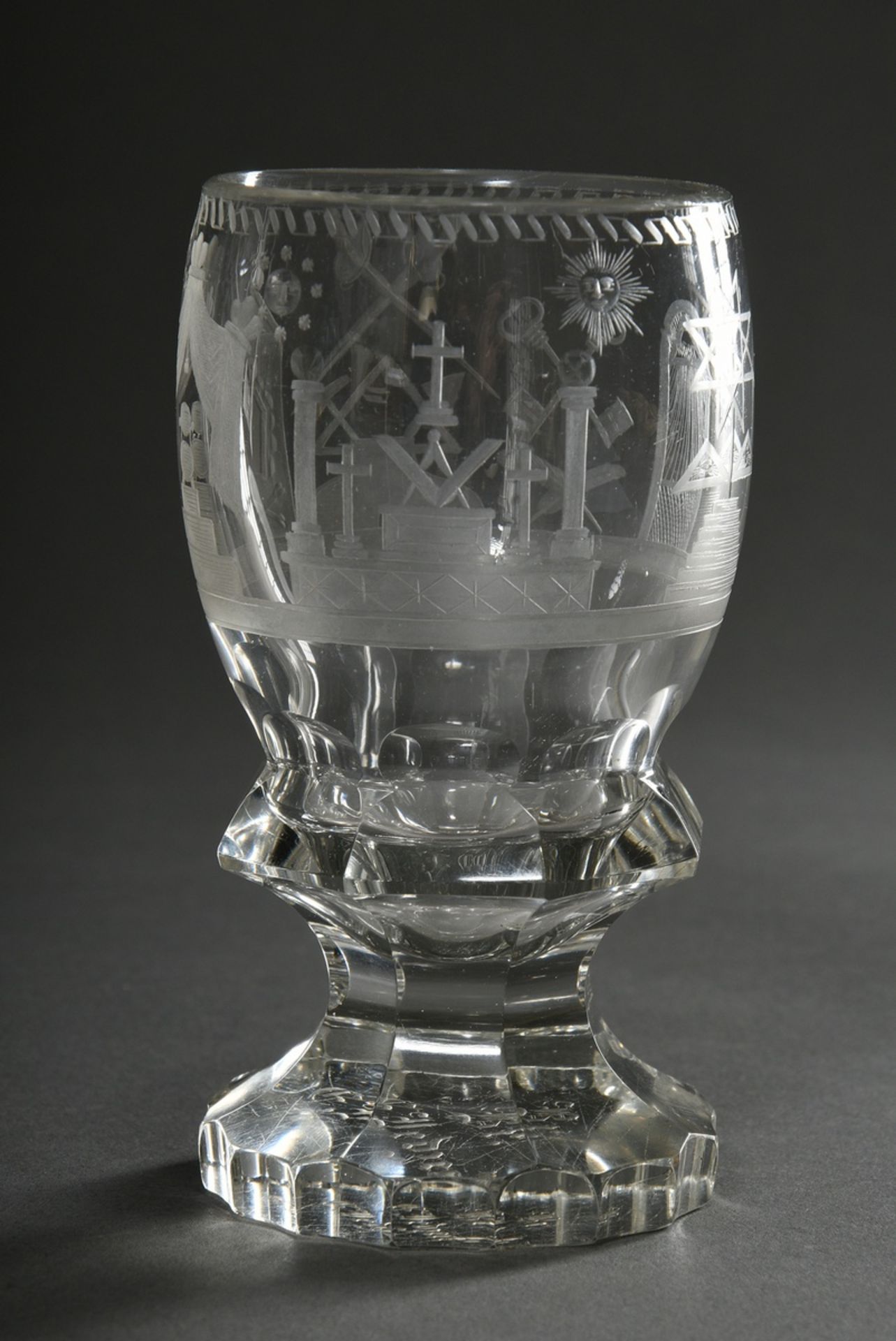 Masonic foot cup with bulbous dome and surrounding, matt-cut symbols, lower waist with 8-pass facet - Image 2 of 6