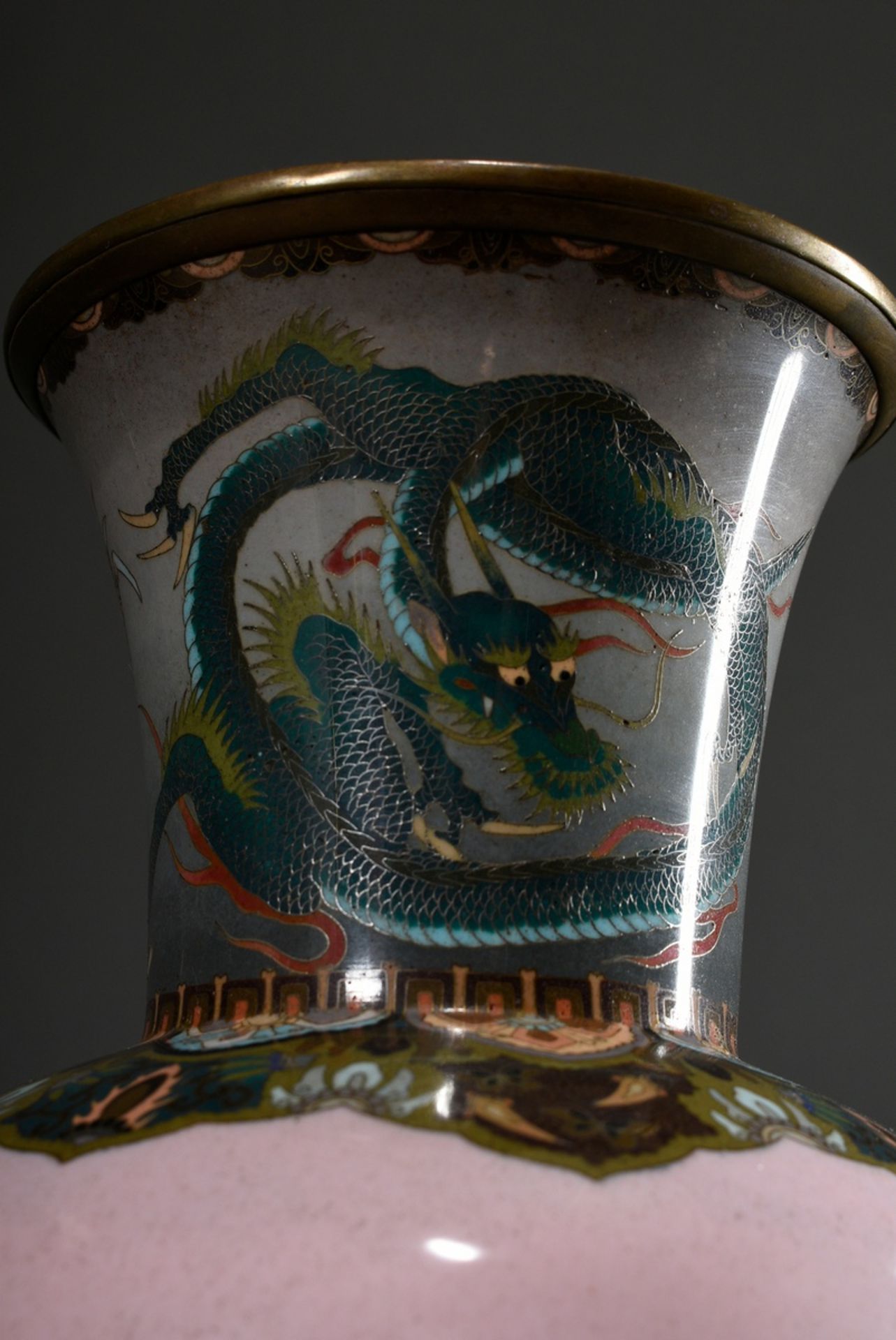 Pair of large cloisonné baluster vases of finest workmanship, projecting neck depicting "Two dragon - Image 3 of 10