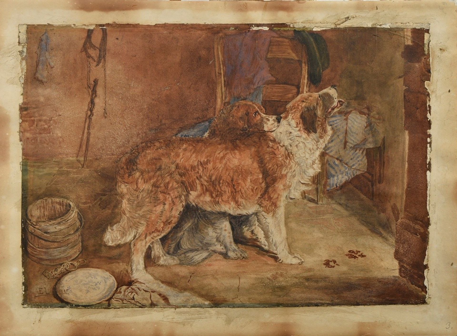 Unbekannter Künstler des 19.Jh. „Zwei Neufundländer“ nach Edwin Henry Landseer (1802-1873), Aquarel - Bild 2 aus 3