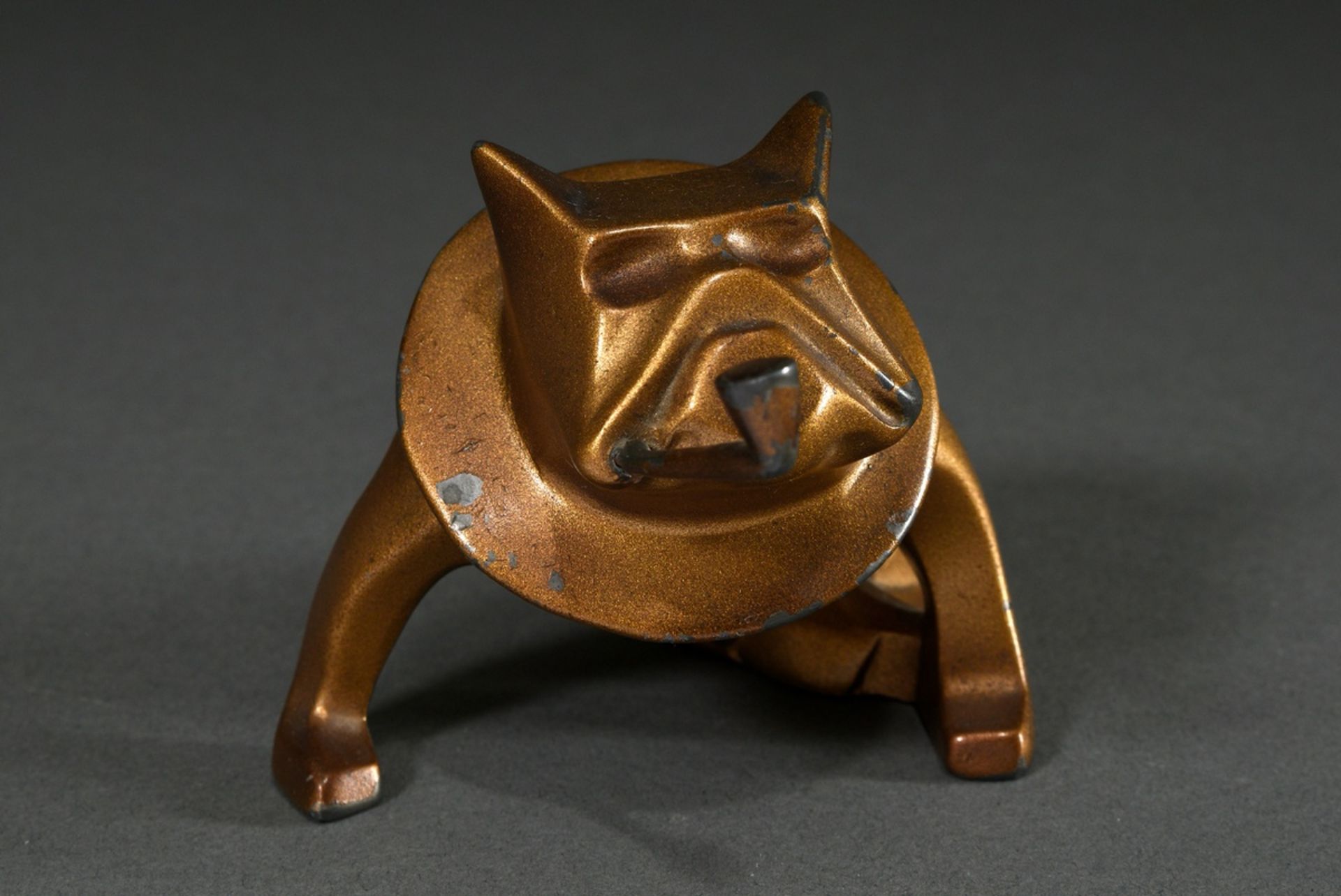 Sculpture "Bulldog with whistle", c. 1920, galvanised zinc casting, partially rubbed, 7.5x12x8.5cm, - Image 2 of 6