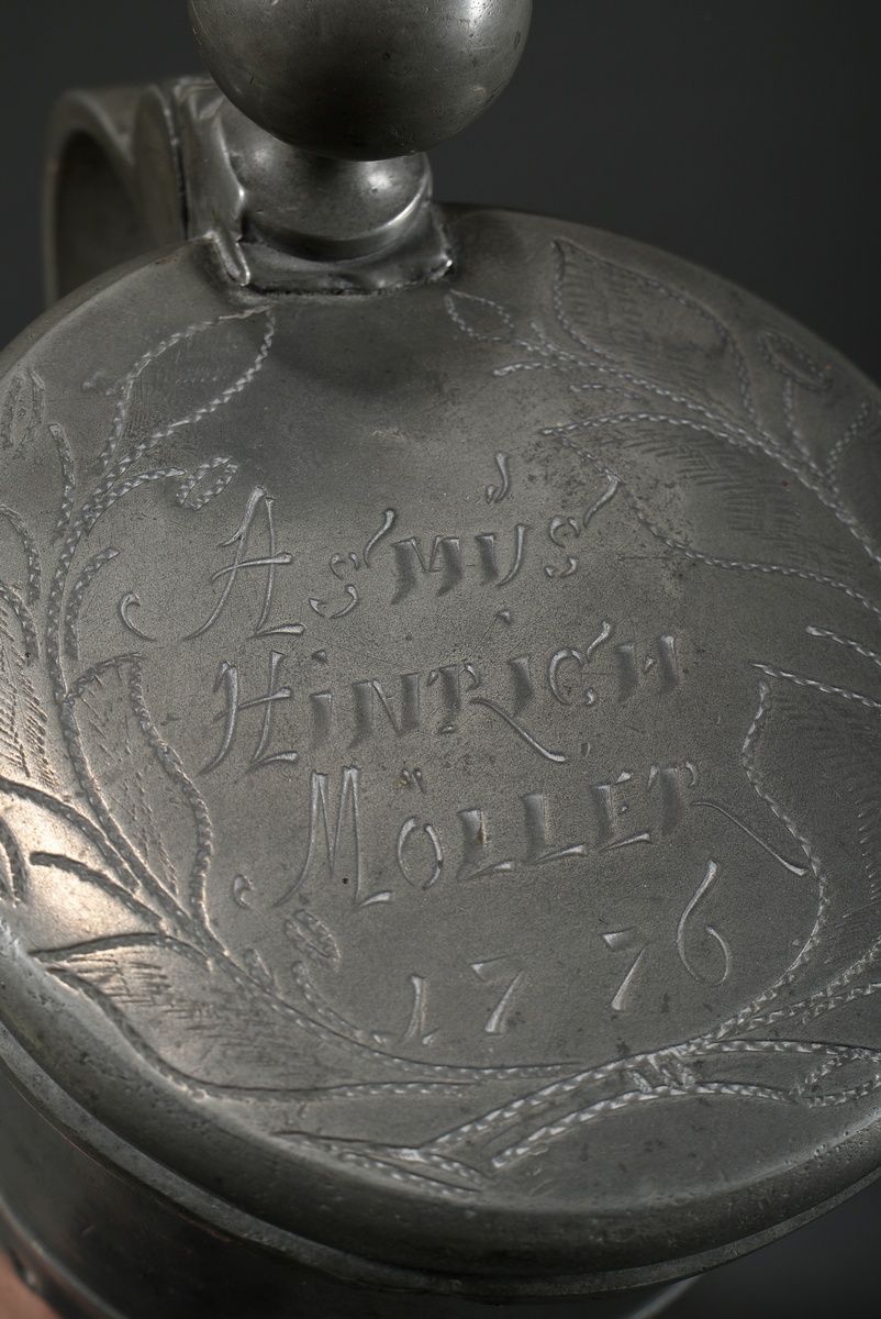 Tall pewter lidded tankard with floral engraved decoration and owner's inscription "Asmus Hinrich M - Image 6 of 8