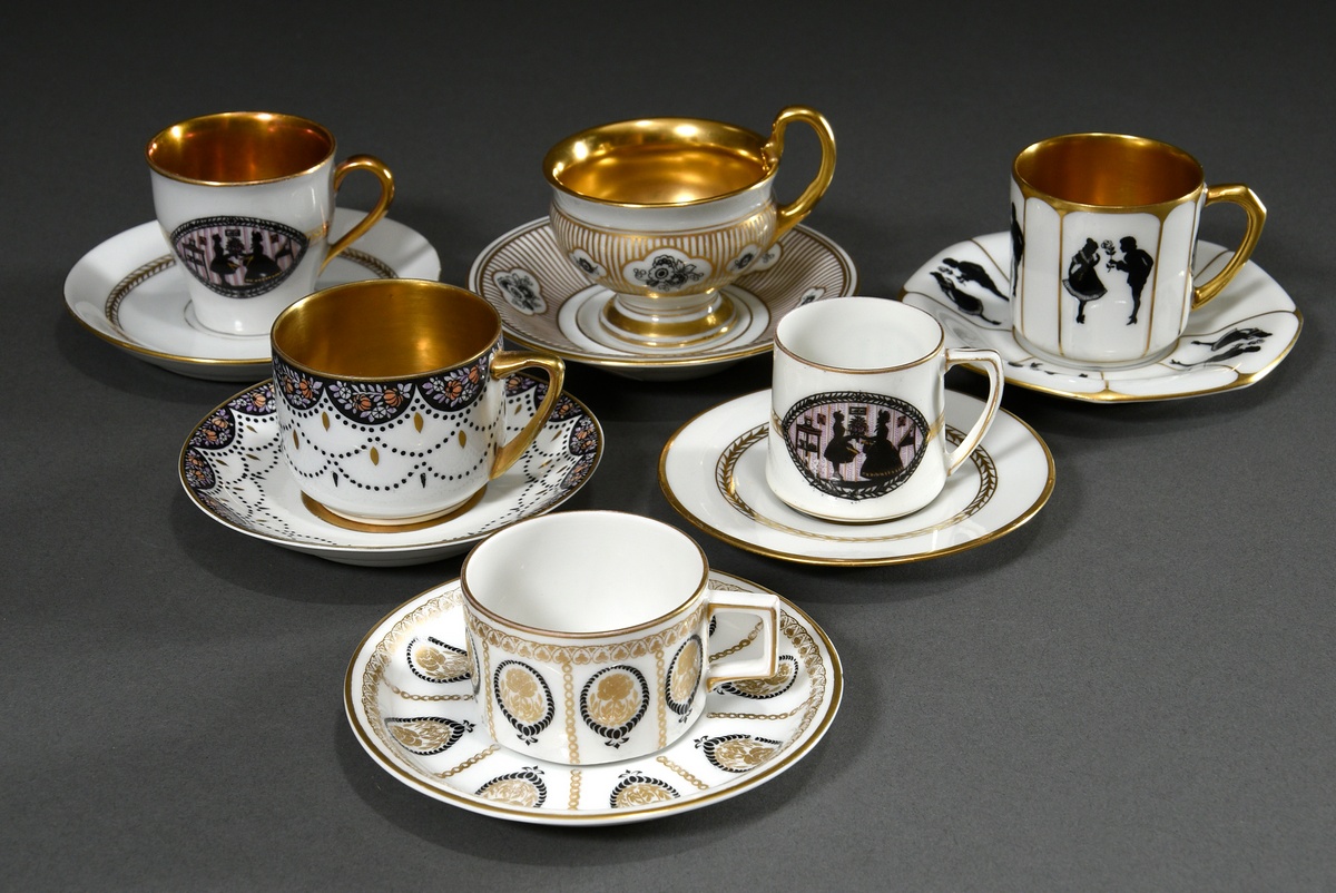 6 Various mocha cups/saucers with different floral and graphic decorations on white background, 3x - Image 2 of 4