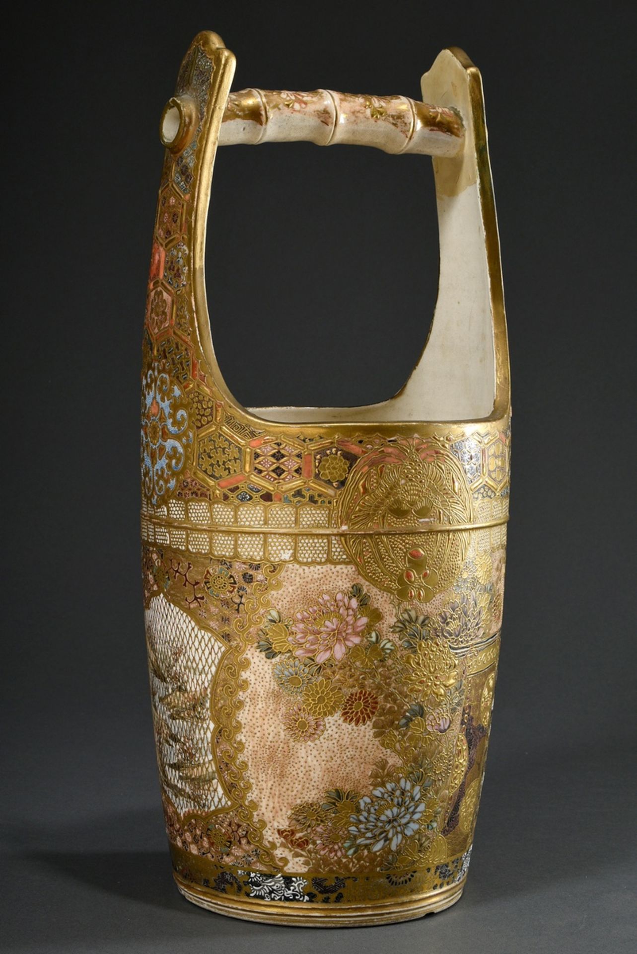 Large Satsuma vase in the shape of a water bucket with polychrome painting "Flowers and Landscapes 