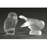 2 Diverse Lalique Glastiere: "Eule" und "Sich putzende Taube", farbloses Glas, partiell satiniert,