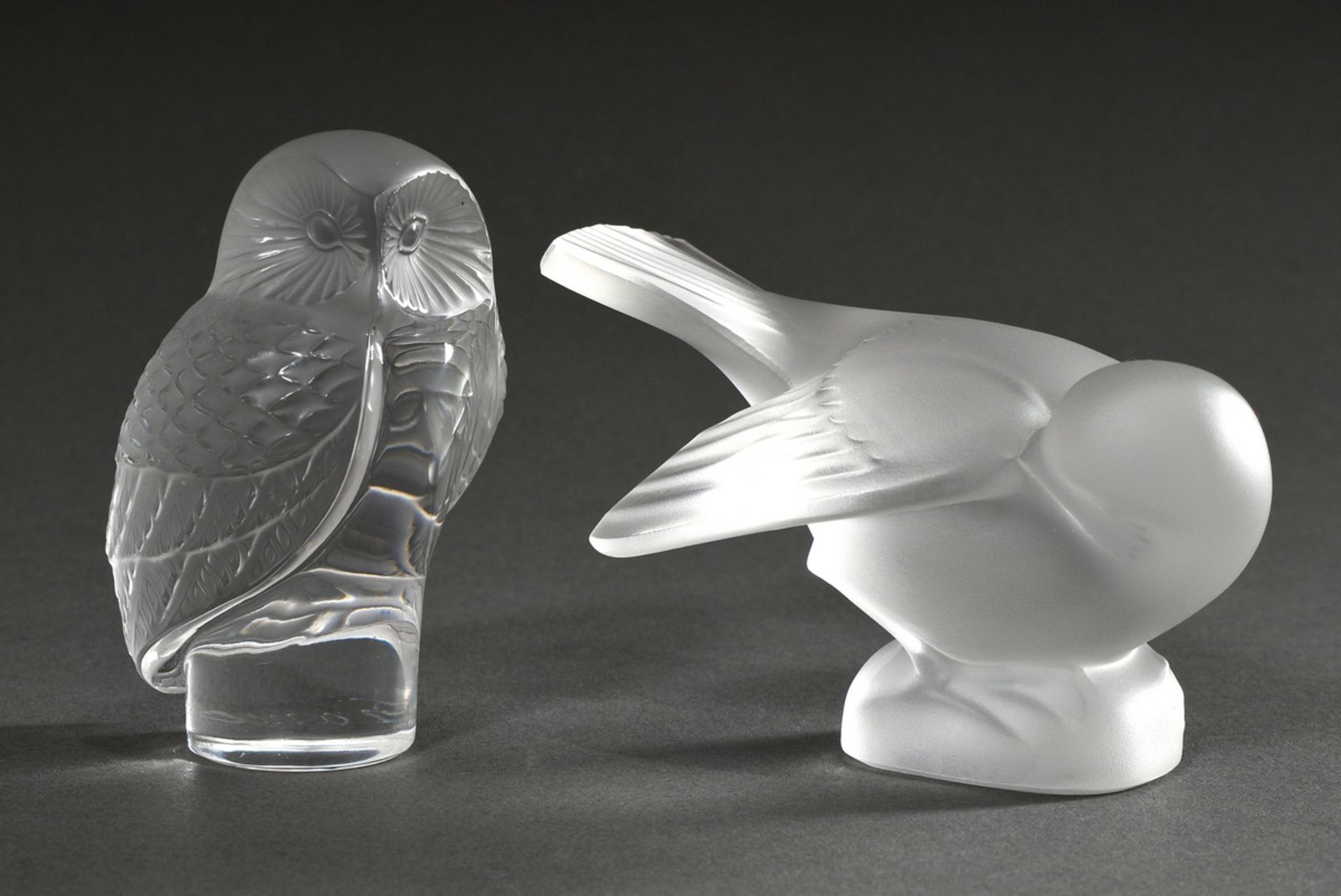 2 Various Lalique glass animals: "Owl" and "Preening Dove", colourless glass, partially satinised,