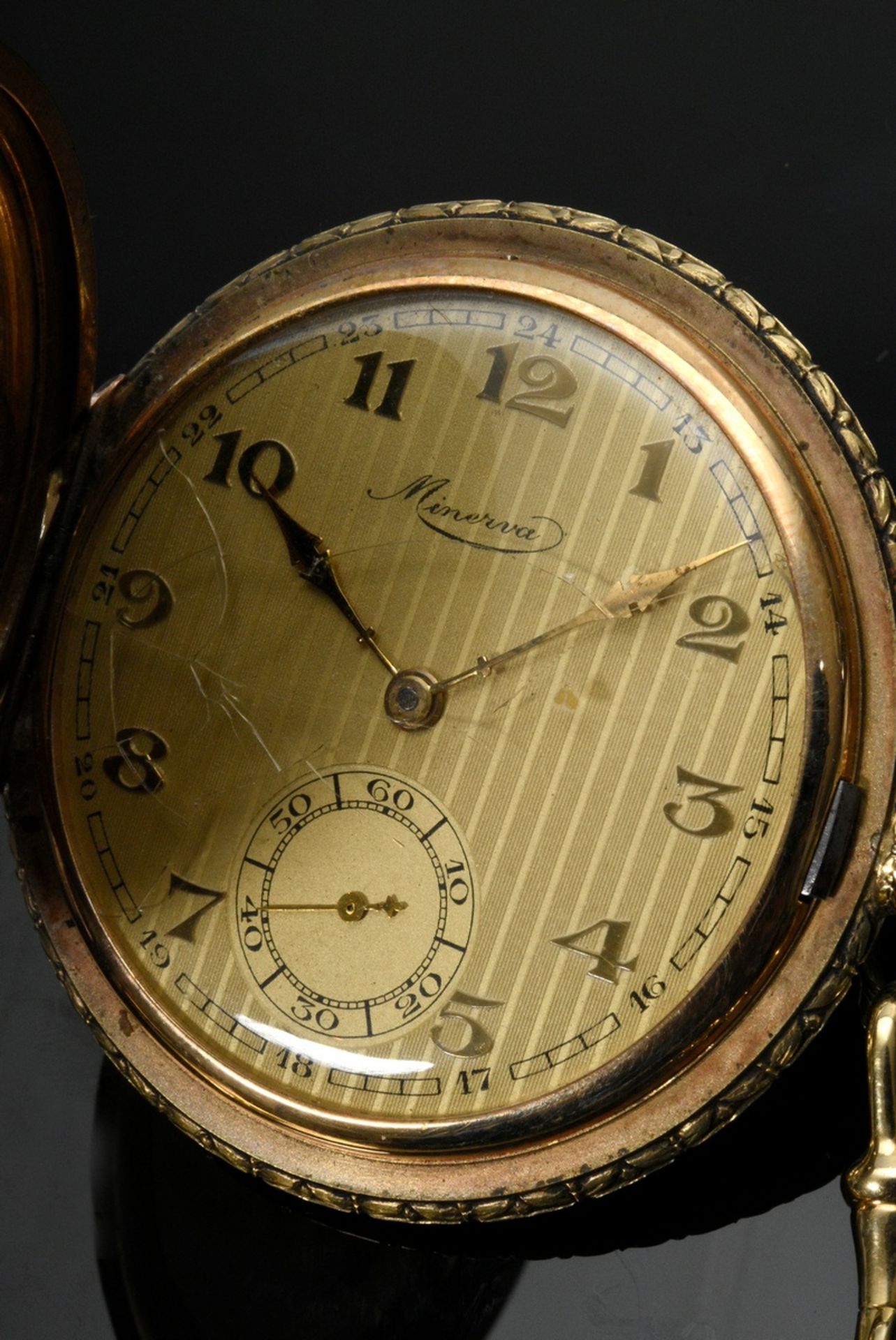 Three-cover yellow gold 585 Minerva pocket watch, lever movement, gilded dial, arabic numerals, sma - Image 5 of 9