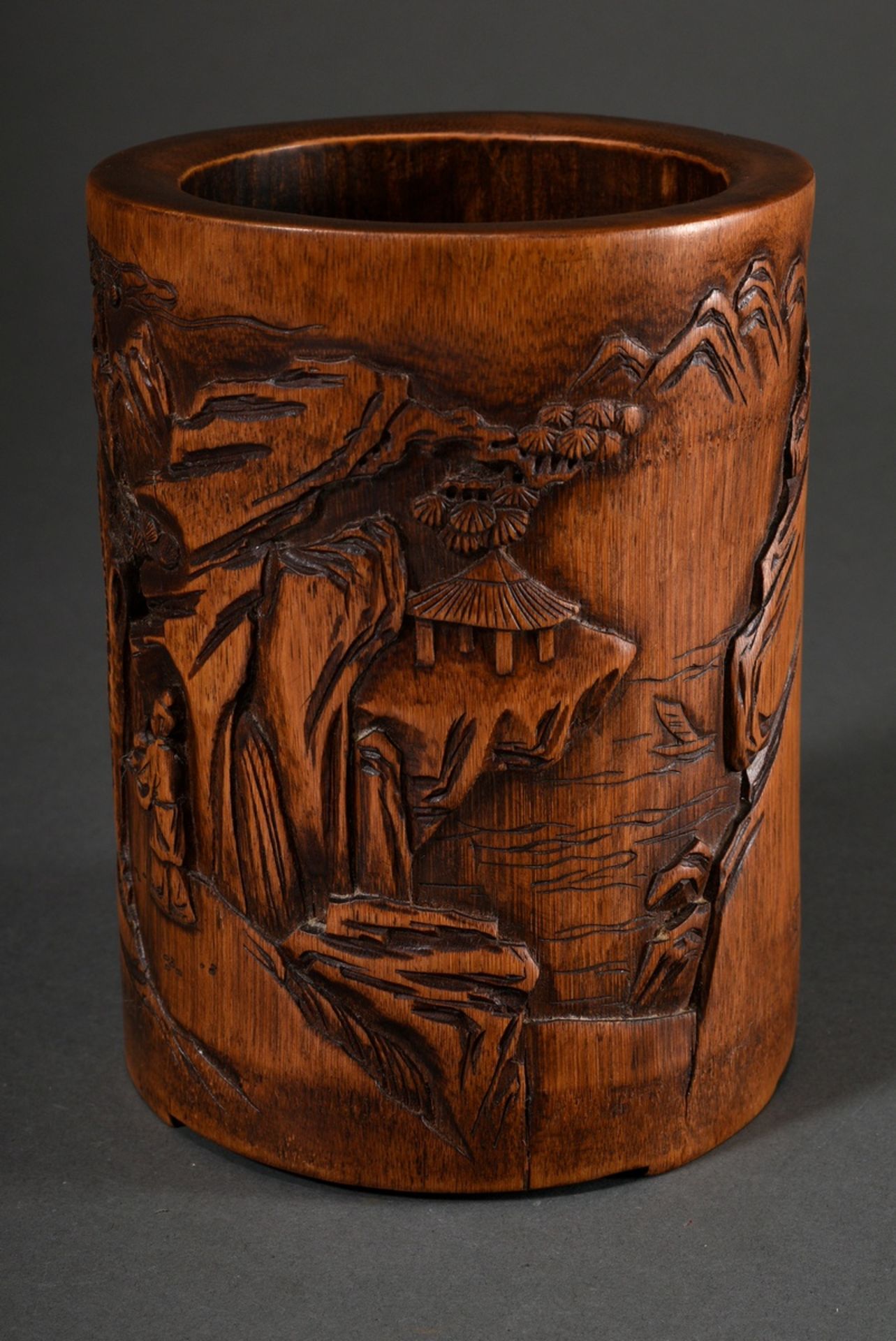 Chinese bamboo brush cup "Scholars in coastal and mountain landscape under pines", cut in low relie - Image 2 of 4