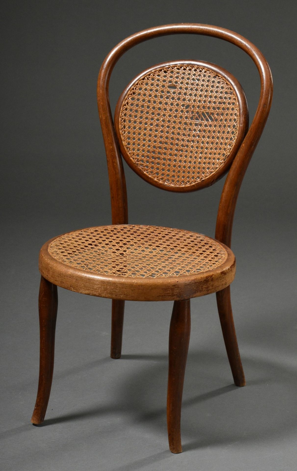 Art Nouveau children's chair in beech bentwood with woven seat and backrest, on the verso old glue: