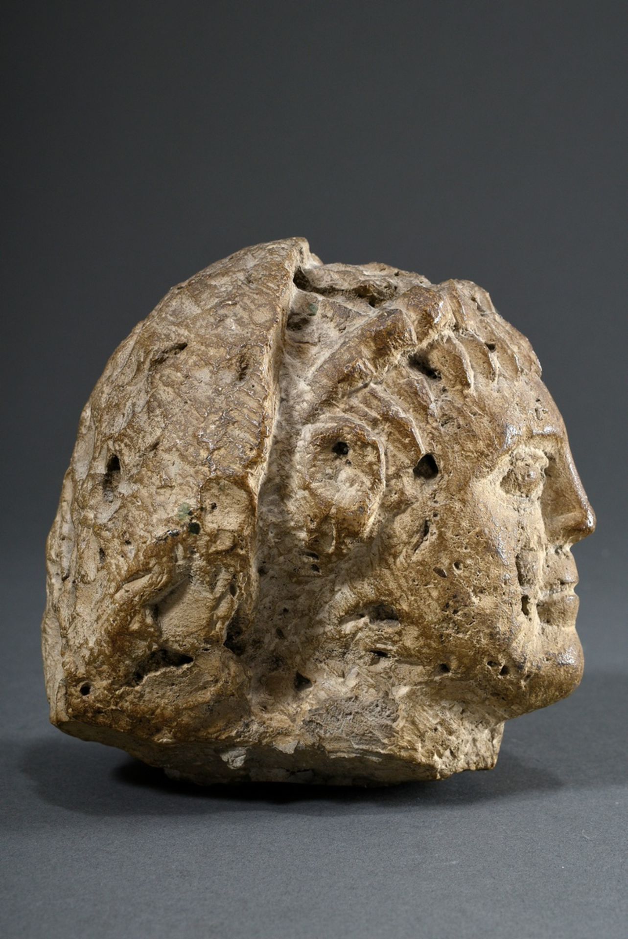 Limestone fragment "Head of a man with wig", reworked on the back, probably from half relief, h. 14 - Image 5 of 6