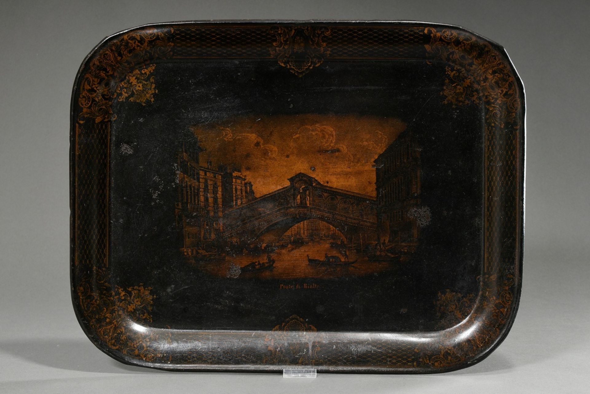 Rectangular Biedermeier tin tray with gold print on black background "Ponte di Rialto" in ornamenta