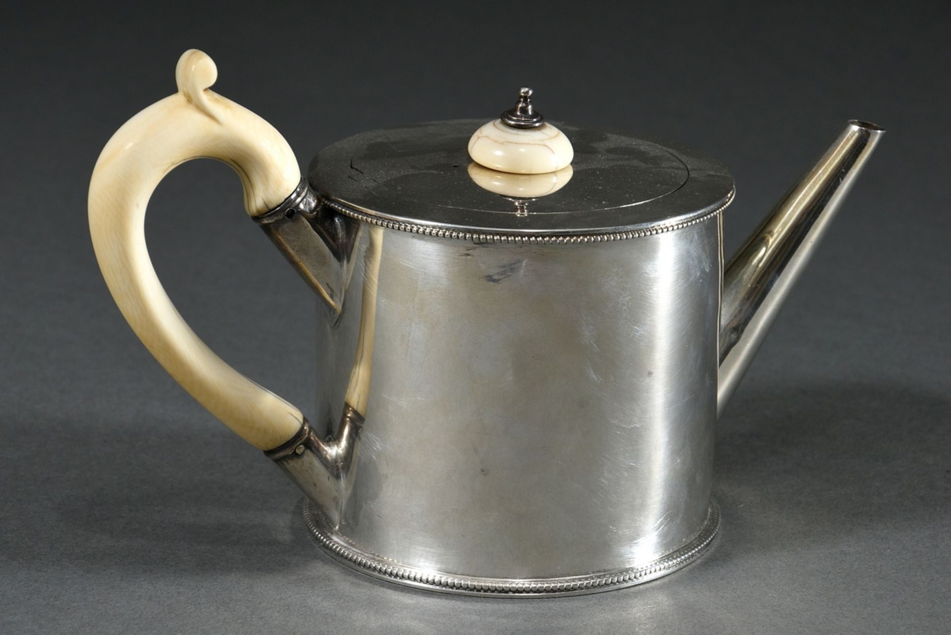 Cylindrical teapot with pearl frieze, ivory handle and lid knob, London 1804, uninterpreted maker's - Image 2 of 5