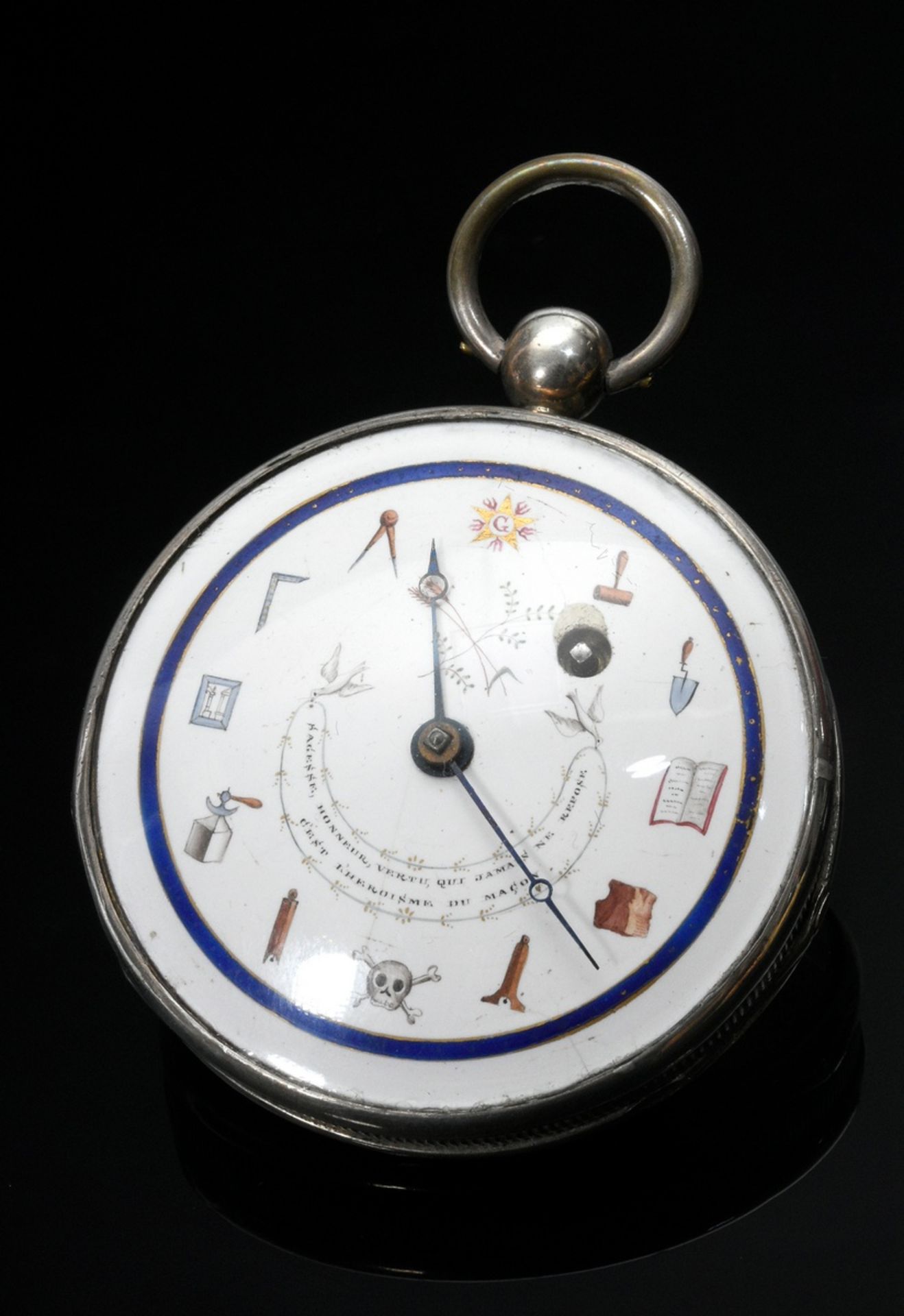 Masonic silver spindle clock, white enamel dial with symbols as indices and inscription "SAGESSE HO