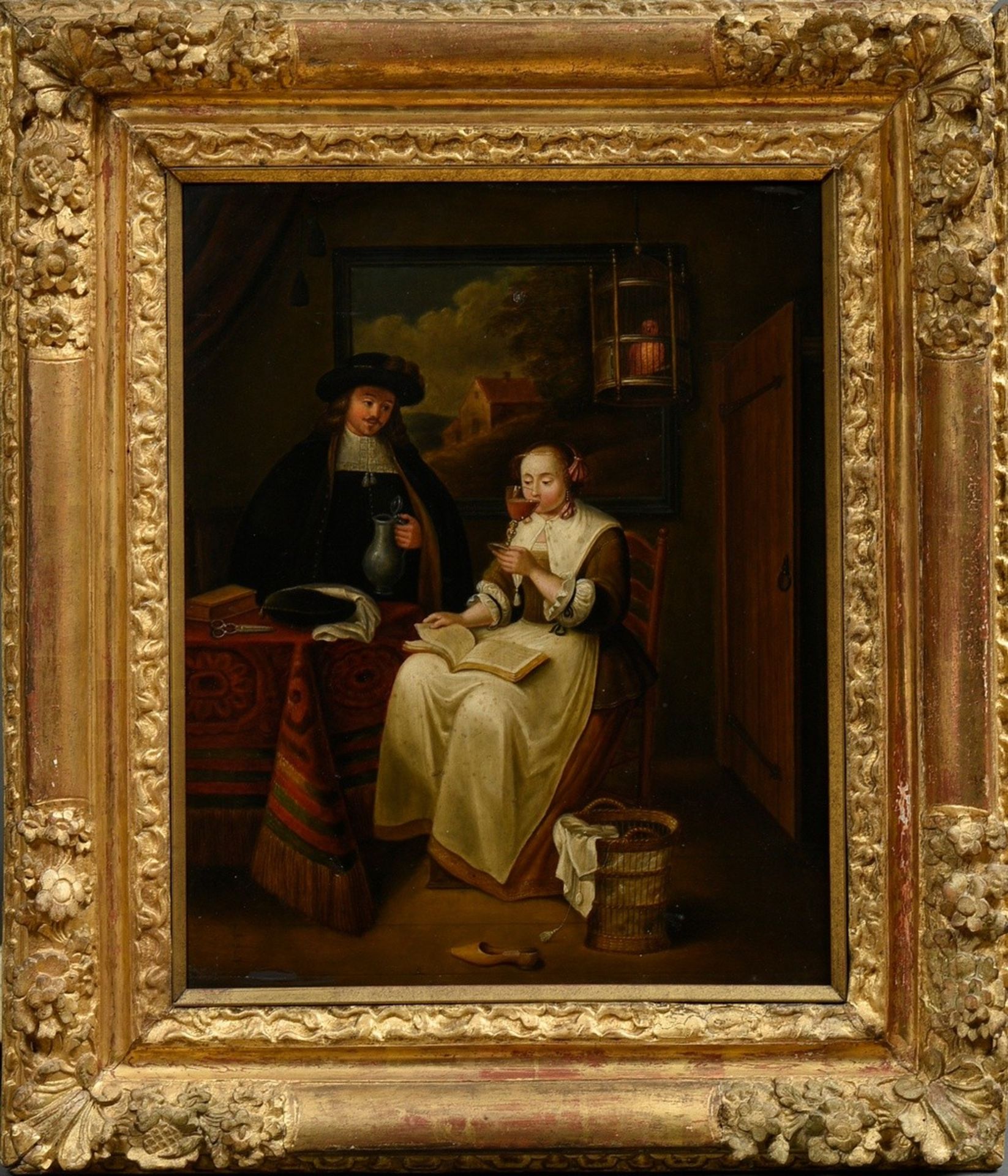 Unknown artist of the 18th c. "Dutch interior scene with couple at wine tasting", oil/wood, magnifi - Image 2 of 8