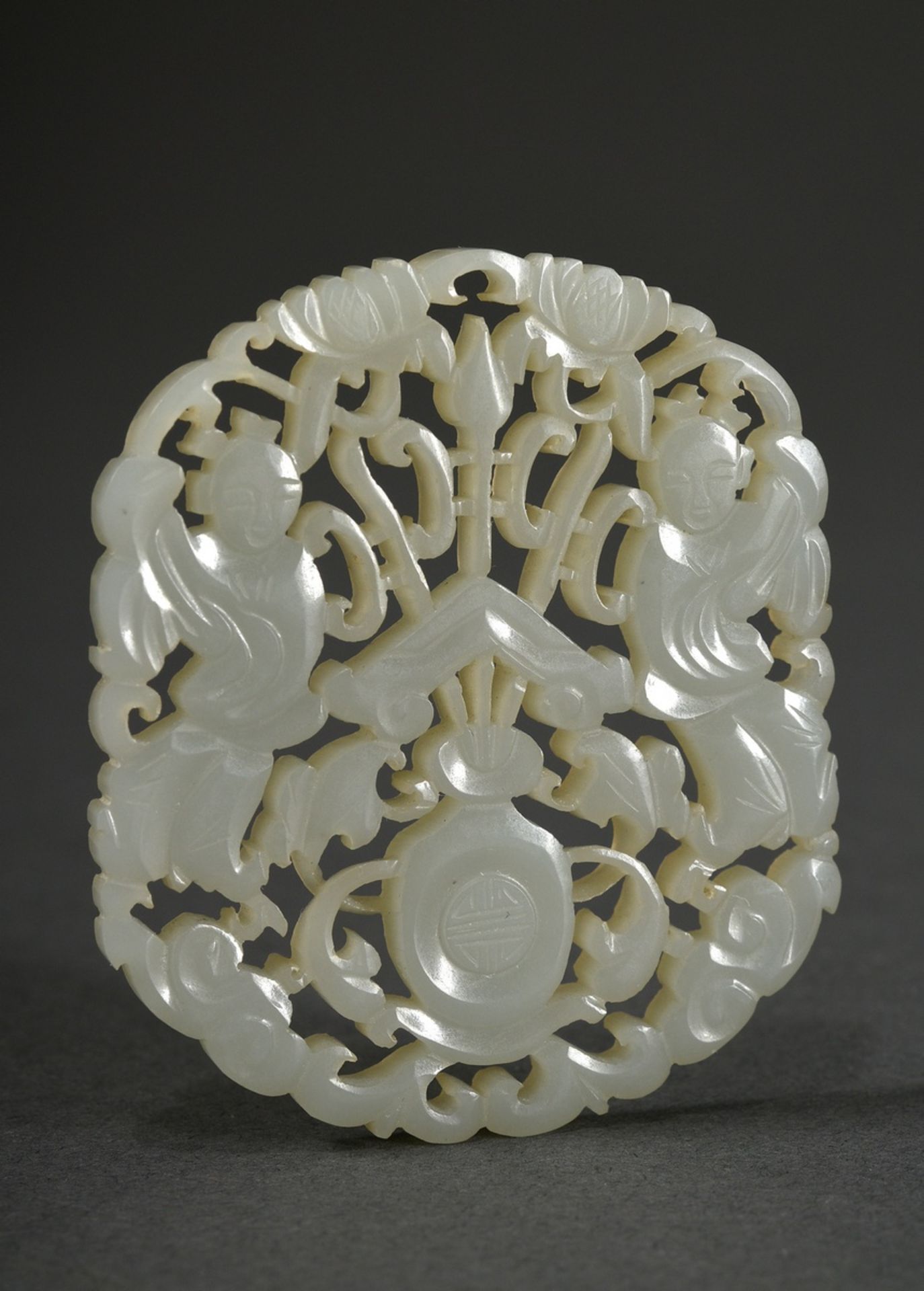 Light openwork jade plaque "Two genii and lotus vase", 6x5cm