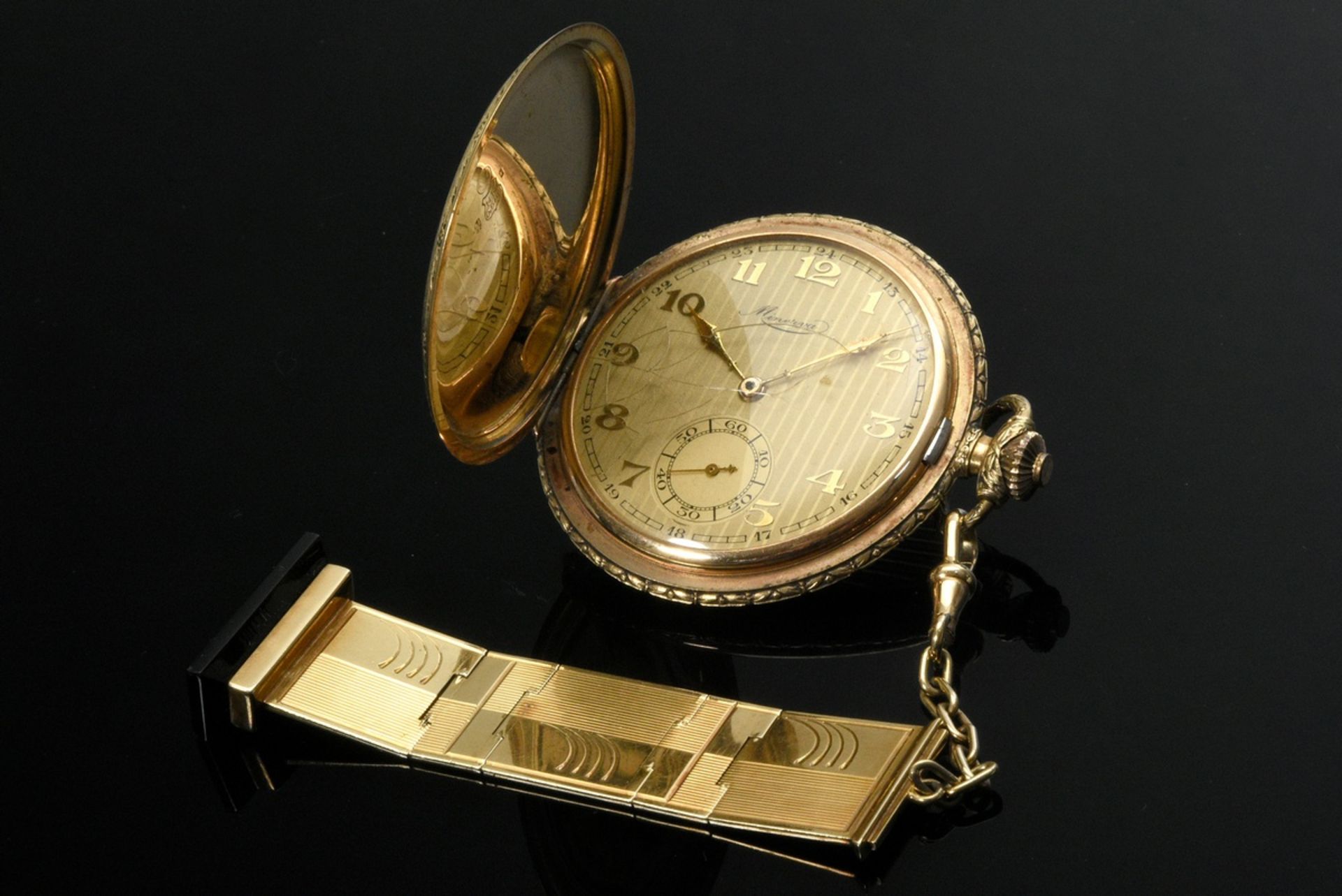 Three-cover yellow gold 585 Minerva pocket watch, lever movement, gilded dial, arabic numerals, sma - Image 4 of 9